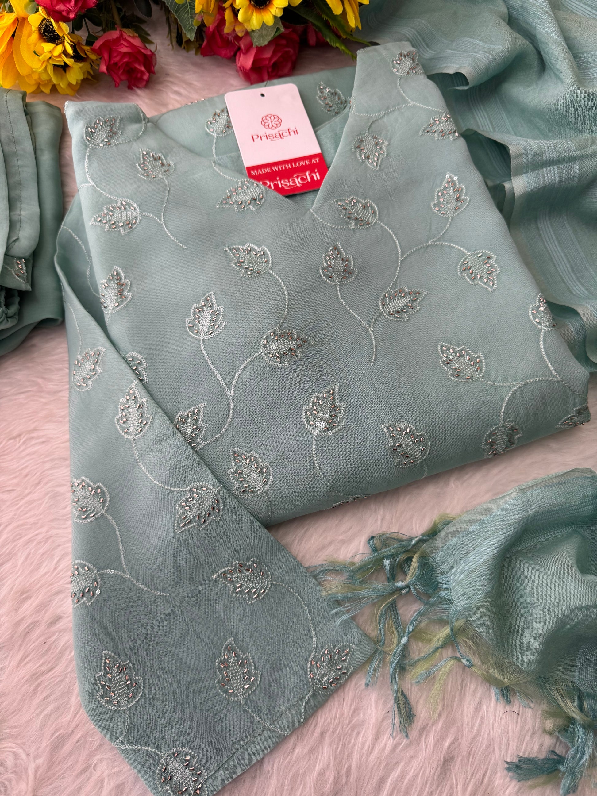 Sky Blue Embroidered Kurta Set with Pants and Dupatta – Elegant Ethnic Wear - Prisachi Official