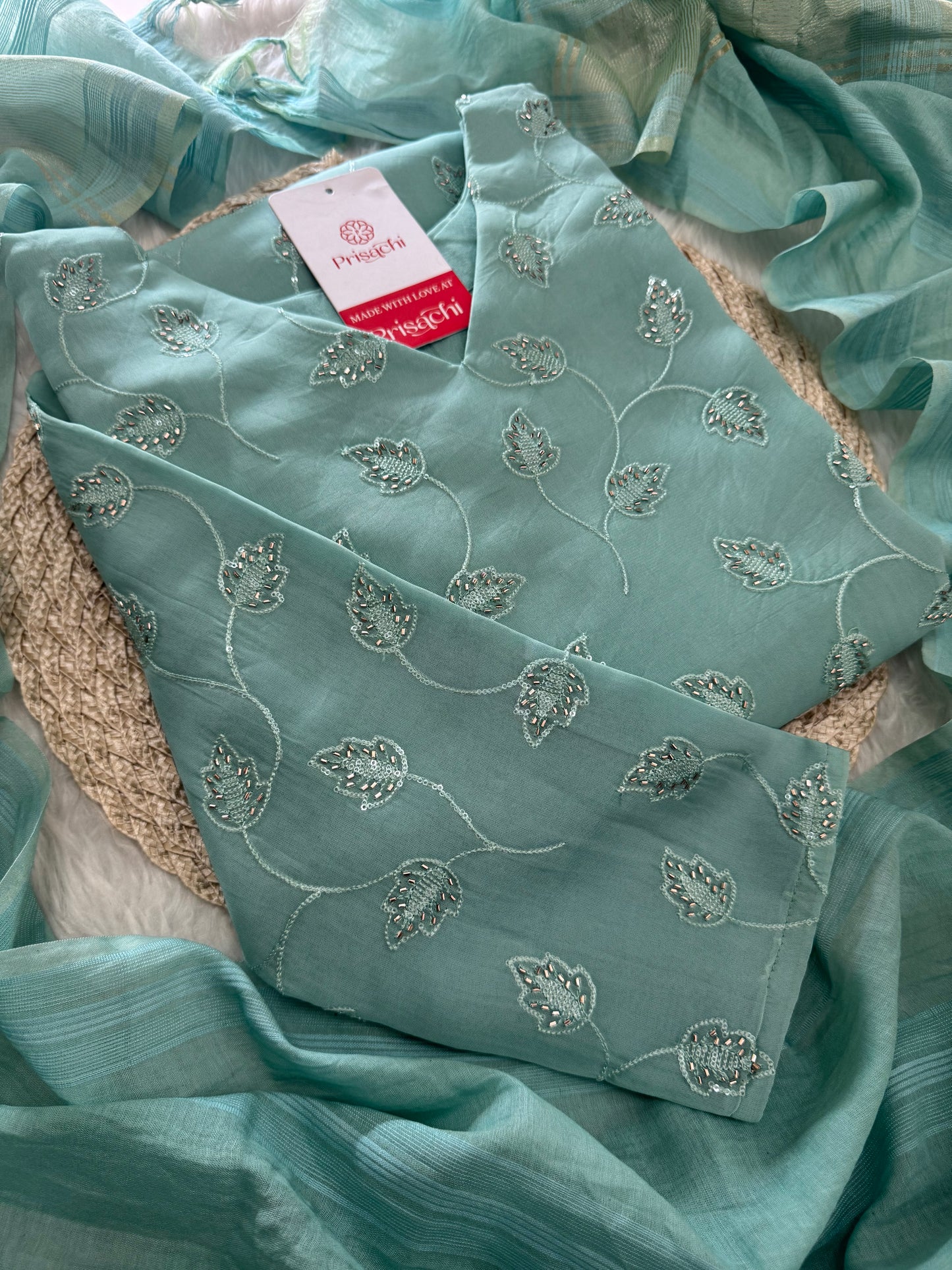 Sky Blue Embroidered Kurta Set with Pants and Dupatta – Elegant Ethnic Wear - Prisachi Official