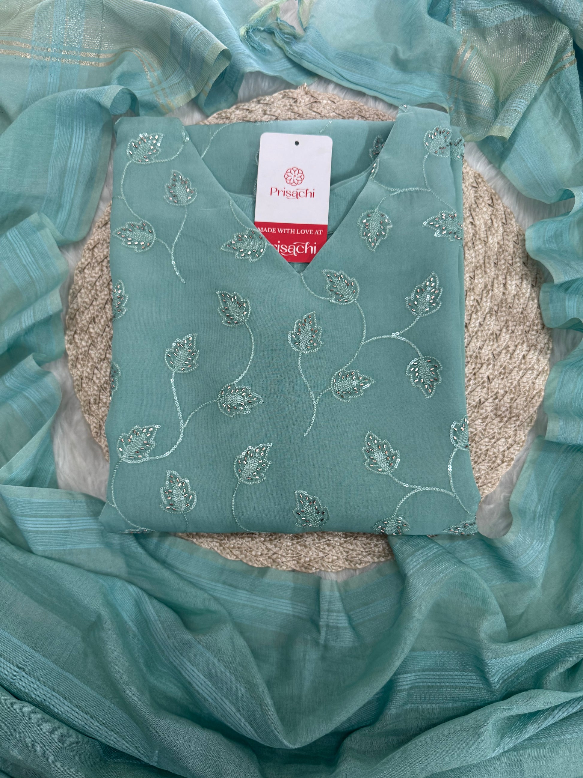 Sky Blue Embroidered Kurta Set with Pants and Dupatta – Elegant Ethnic Wear - Prisachi Official