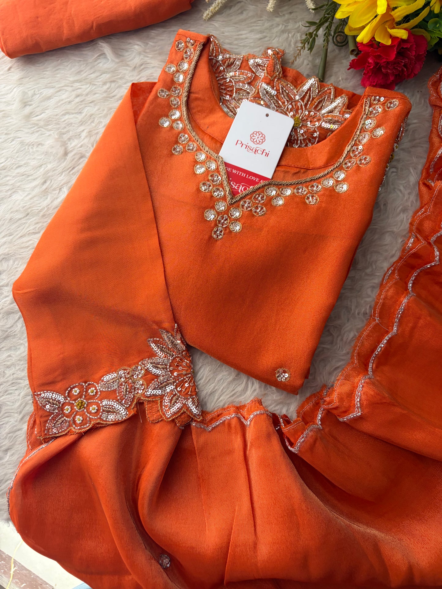 Orange Zardozi Embroidered Kurta Set for Women with Dupatta & Flared Pants | Designer Ethnic Suit Set