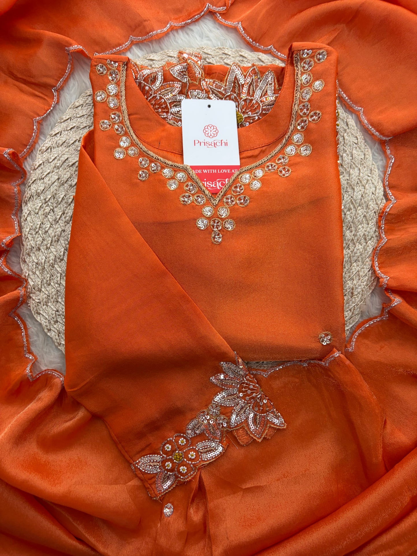 Orange Zardozi Embroidered Kurta Set for Women with Dupatta & Flared Pants | Designer Ethnic Suit Set