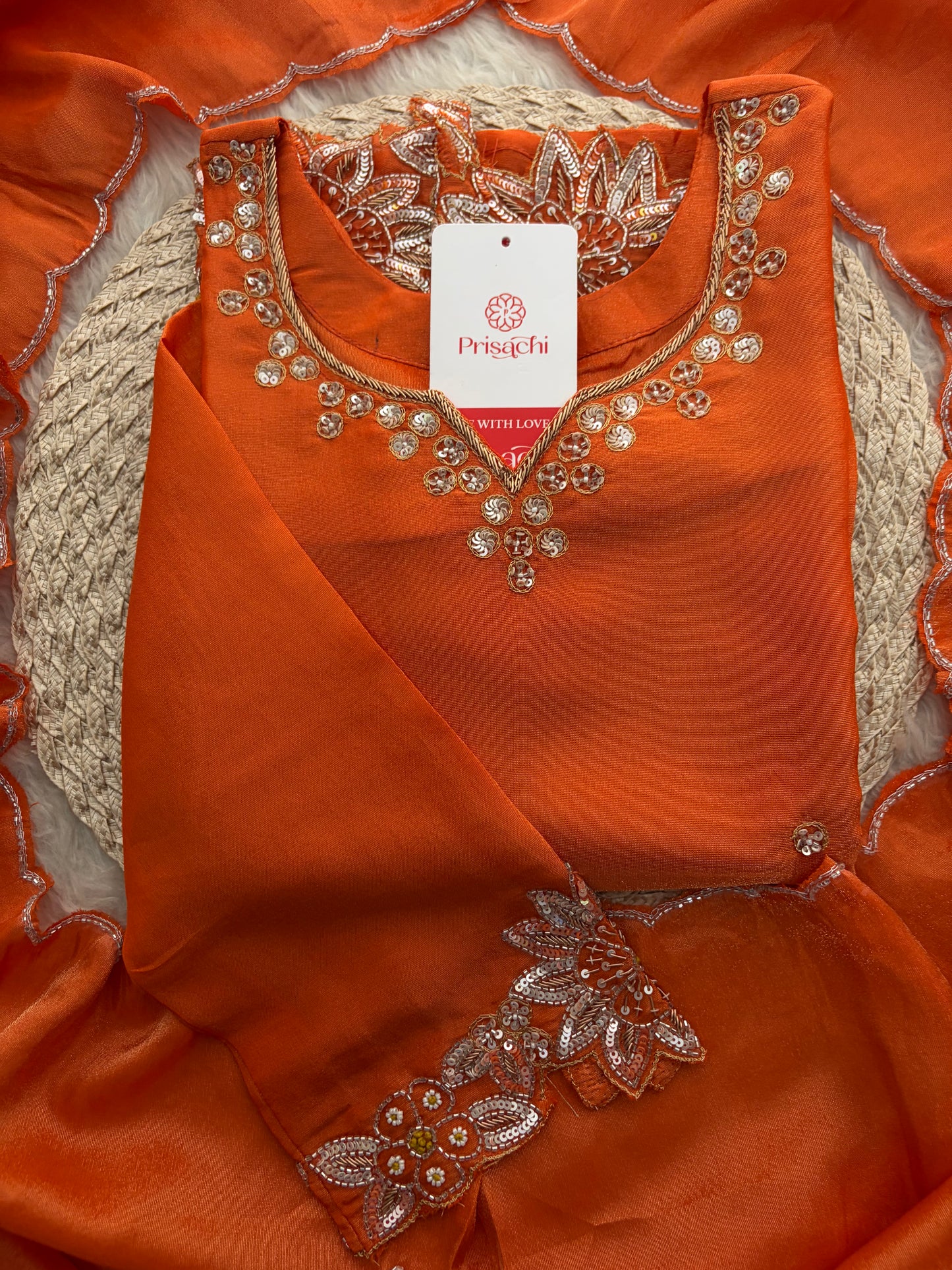 Orange Zardozi Embroidered Kurta Set for Women with Dupatta & Flared Pants | Designer Ethnic Suit Set