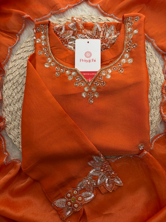 Orange Zardozi Embroidered Kurta Set for Women with Dupatta & Flared Pants | Designer Ethnic Suit Set