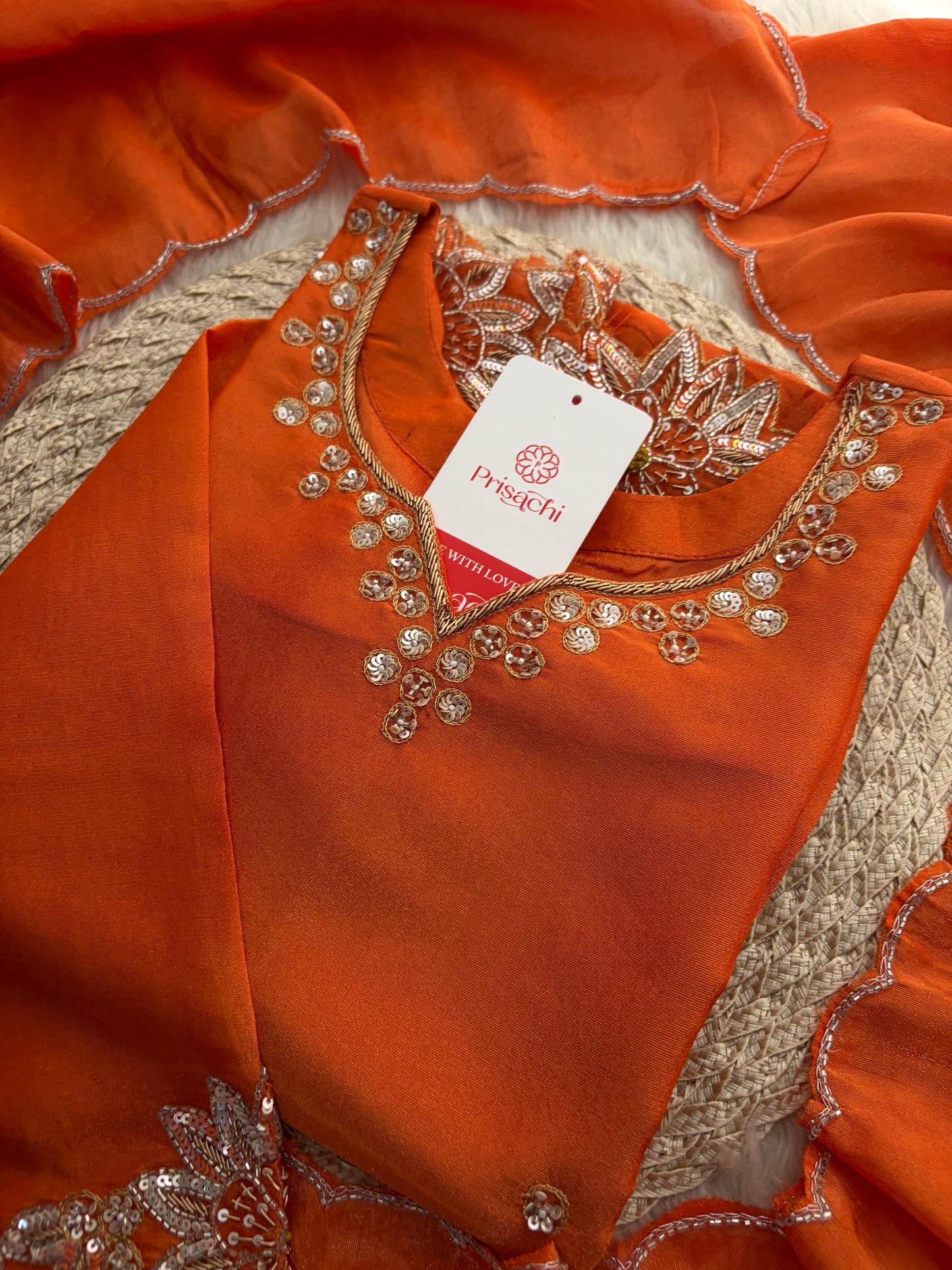 Orange Zardozi Embroidered Kurta Set for Women with Dupatta & Flared Pants | Designer Ethnic Suit Set