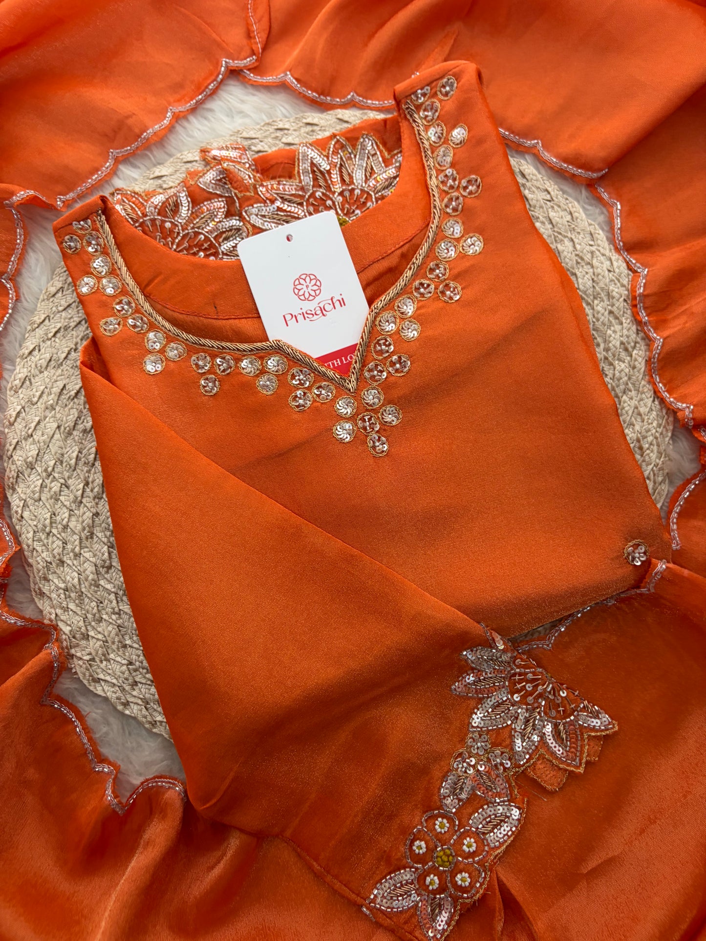 Orange Zardozi Embroidered Kurta Set for Women with Dupatta & Flared Pants | Designer Ethnic Suit Set