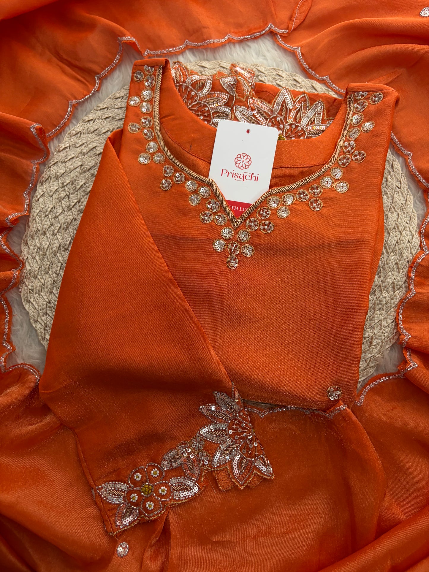 Orange Zardozi Embroidered Kurta Set for Women with Dupatta & Flared Pants | Designer Ethnic Suit Set