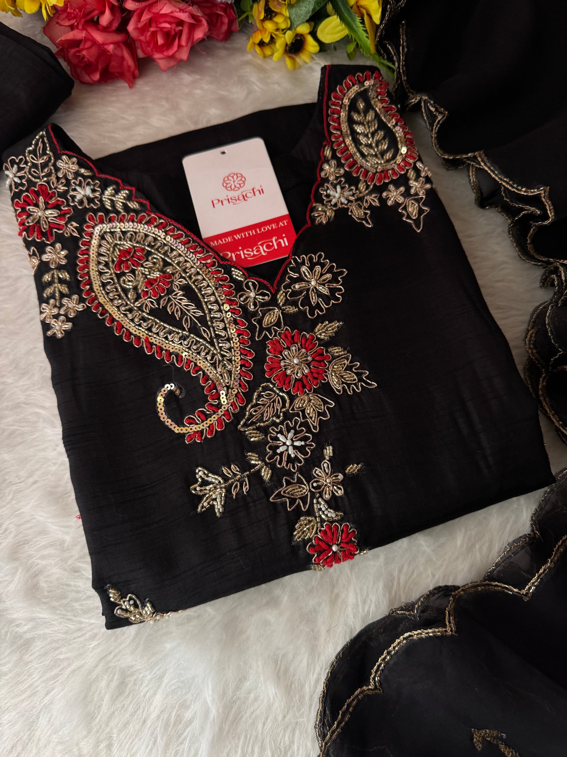Black Embroidered Ethnic Kurta Set for Women with Pants & Dupatta - Prisachi Official
