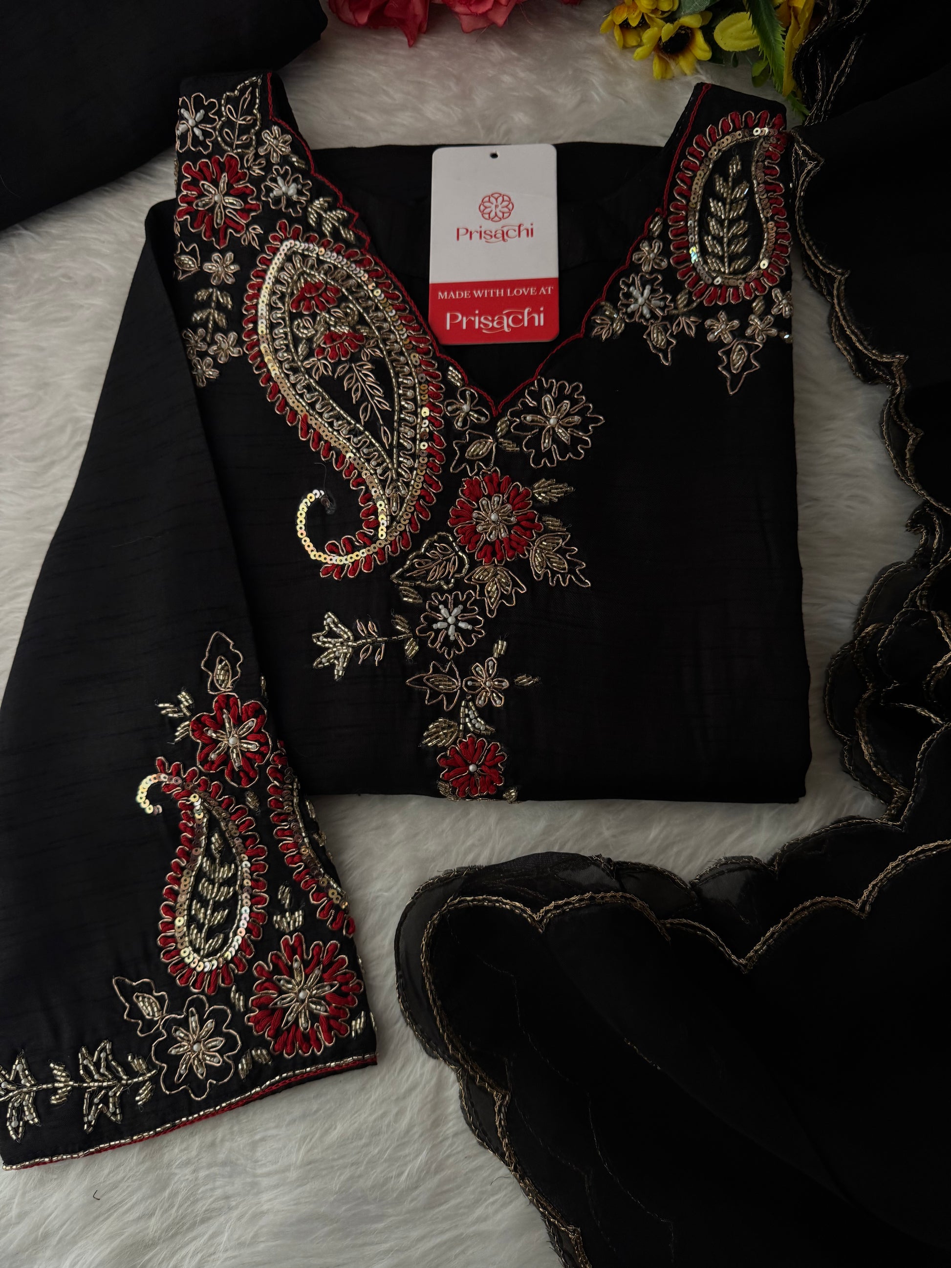 Black Embroidered Ethnic Kurta Set for Women with Pants & Dupatta - Prisachi Official