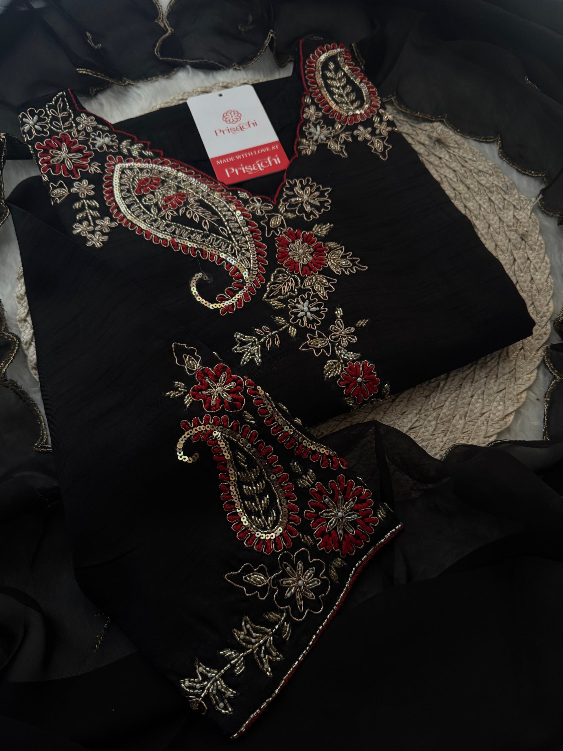 Black Embroidered Ethnic Kurta Set for Women with Pants & Dupatta - Prisachi Official
