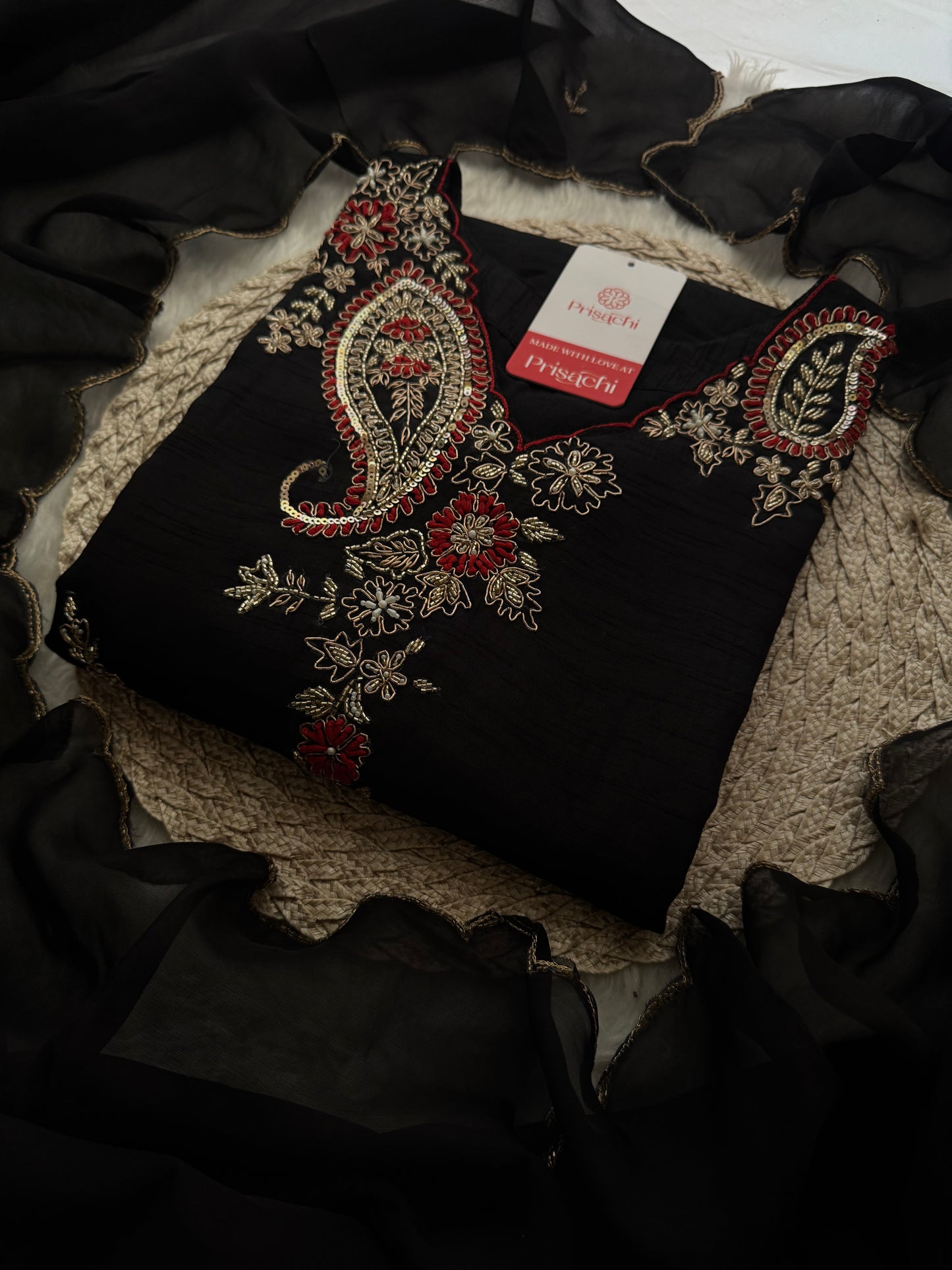 Black Embroidered Ethnic Kurta Set for Women with Pants & Dupatta - Prisachi Official