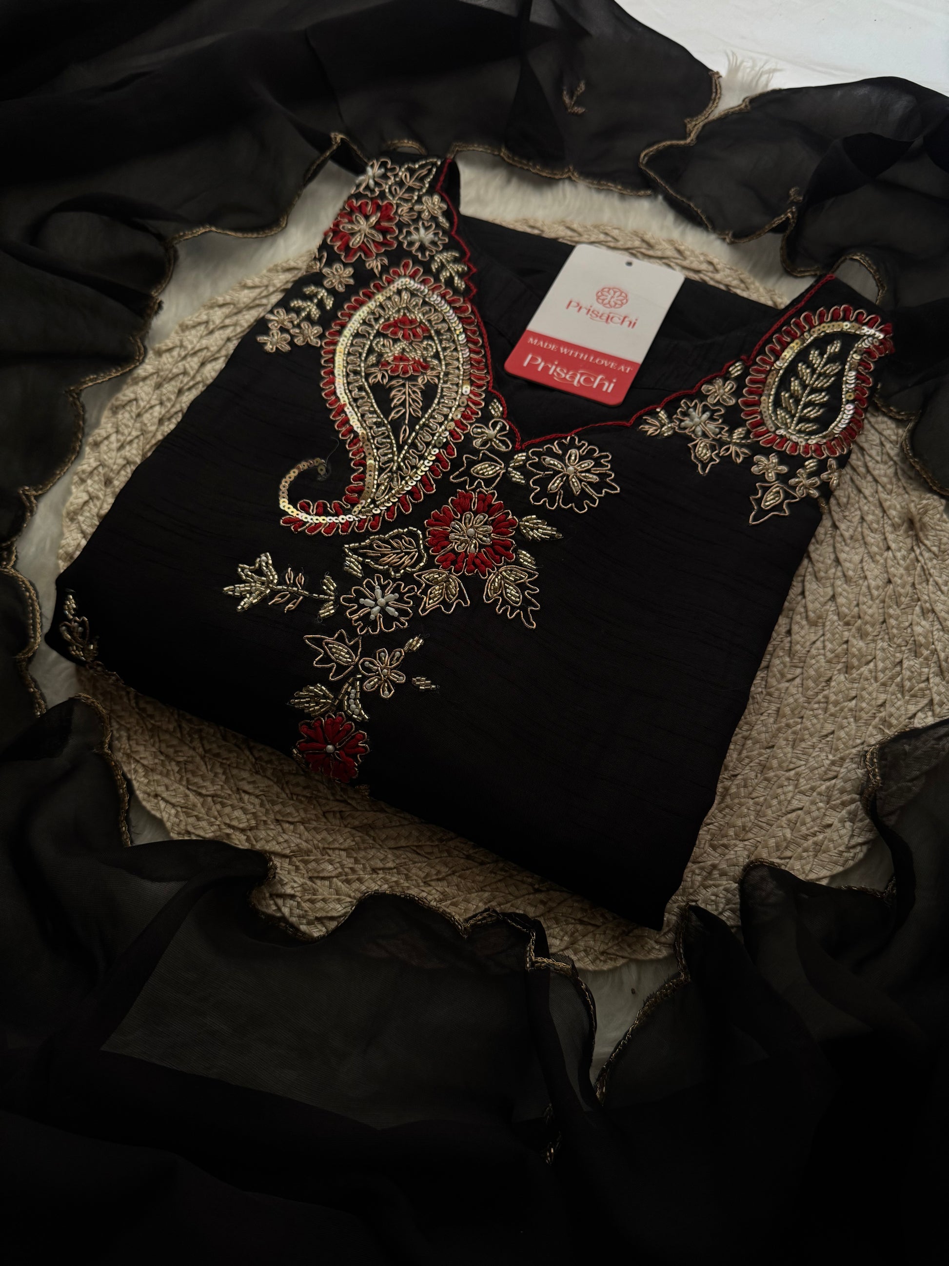 Black Embroidered Ethnic Kurta Set for Women with Pants & Dupatta - Prisachi Official