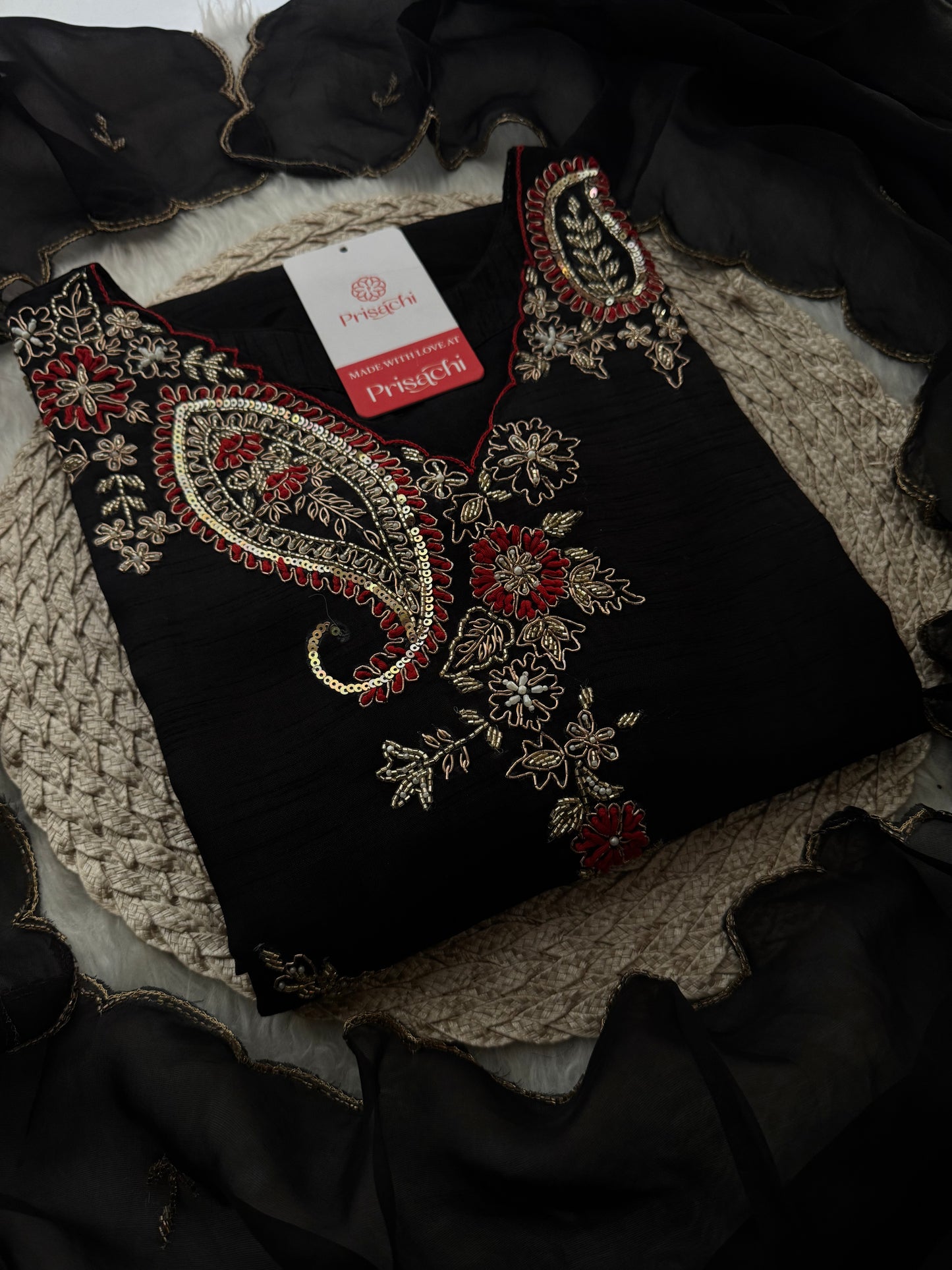 Black Embroidered Ethnic Kurta Set for Women with Pants & Dupatta - Prisachi Official