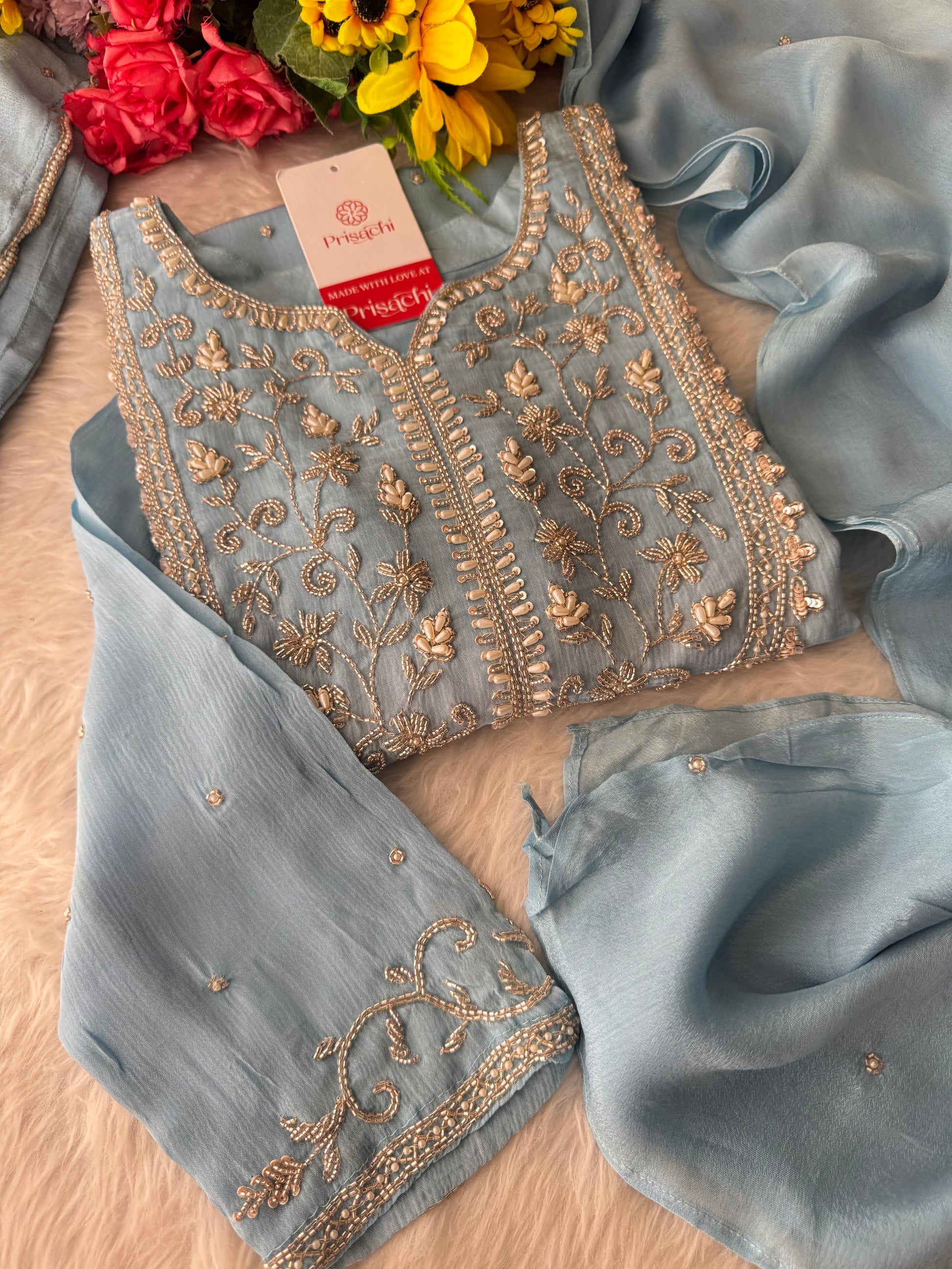 Embroidered Ethnic Kurti Sharara Suit Set with Dupatta for Women - Prisachi Official