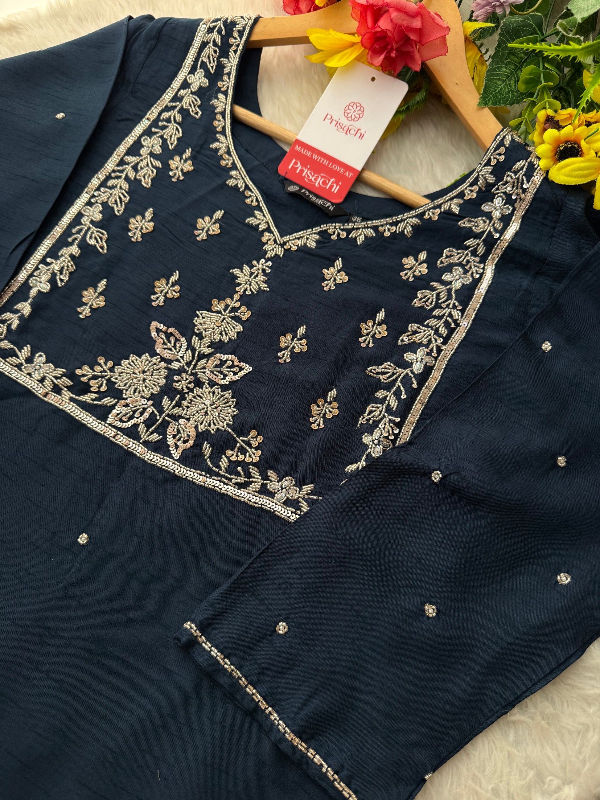 Navy Blue Embroidered Anarkali Suit Set with Palazzo Pants & Dupatta - Prisachi Official