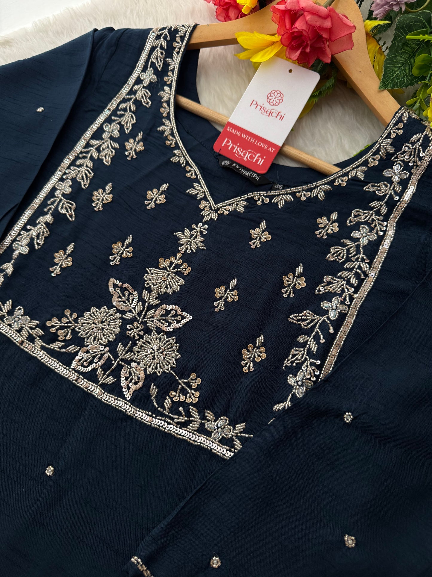 Navy Blue Embroidered Anarkali Suit Set with Palazzo Pants & Dupatta - Prisachi Official