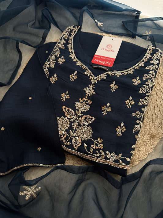Navy Blue Embroidered Anarkali Suit Set with Palazzo Pants & Dupatta - Prisachi Official