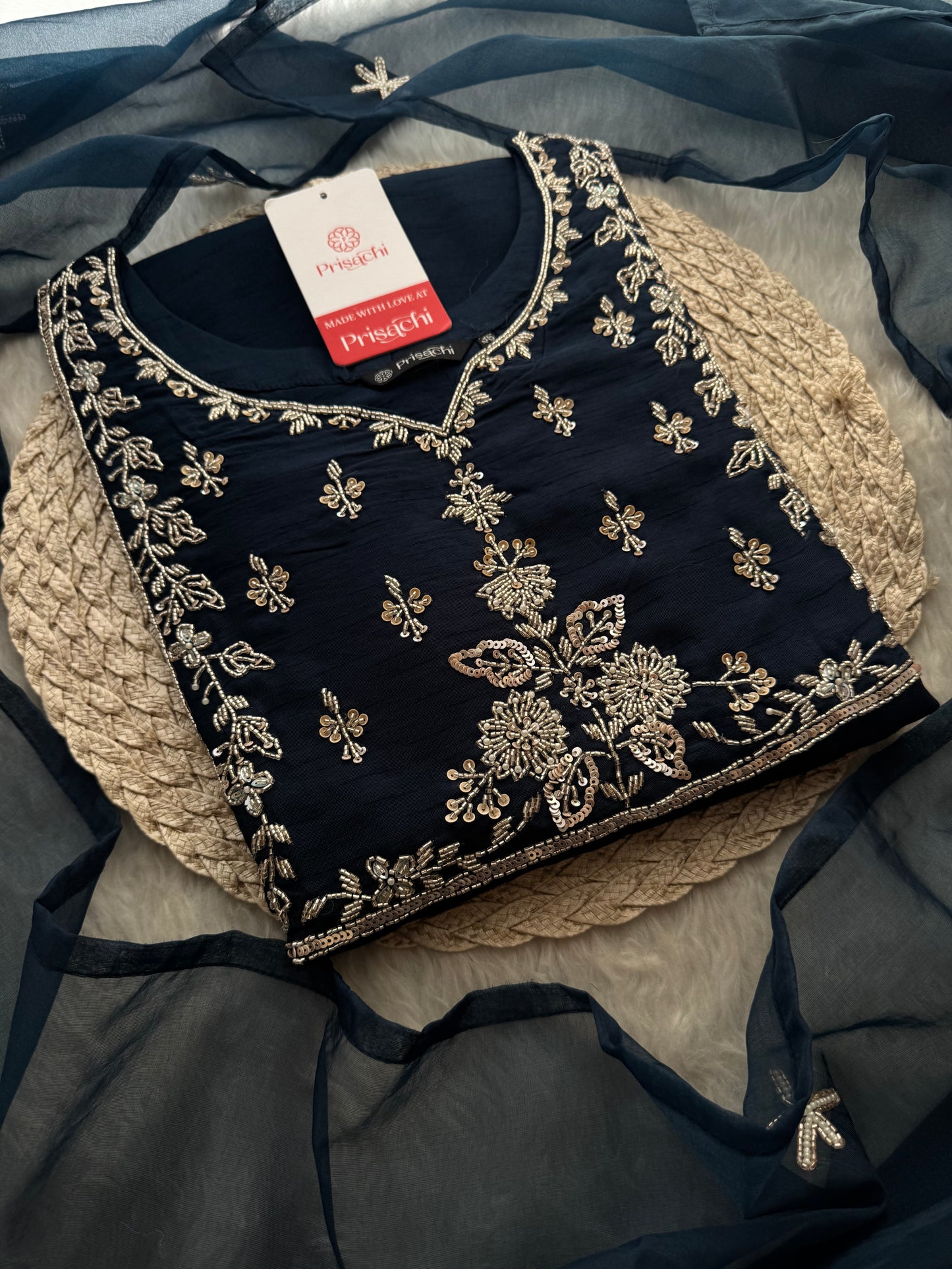 Navy Blue Embroidered Anarkali Suit Set with Palazzo Pants & Dupatta - Prisachi Official