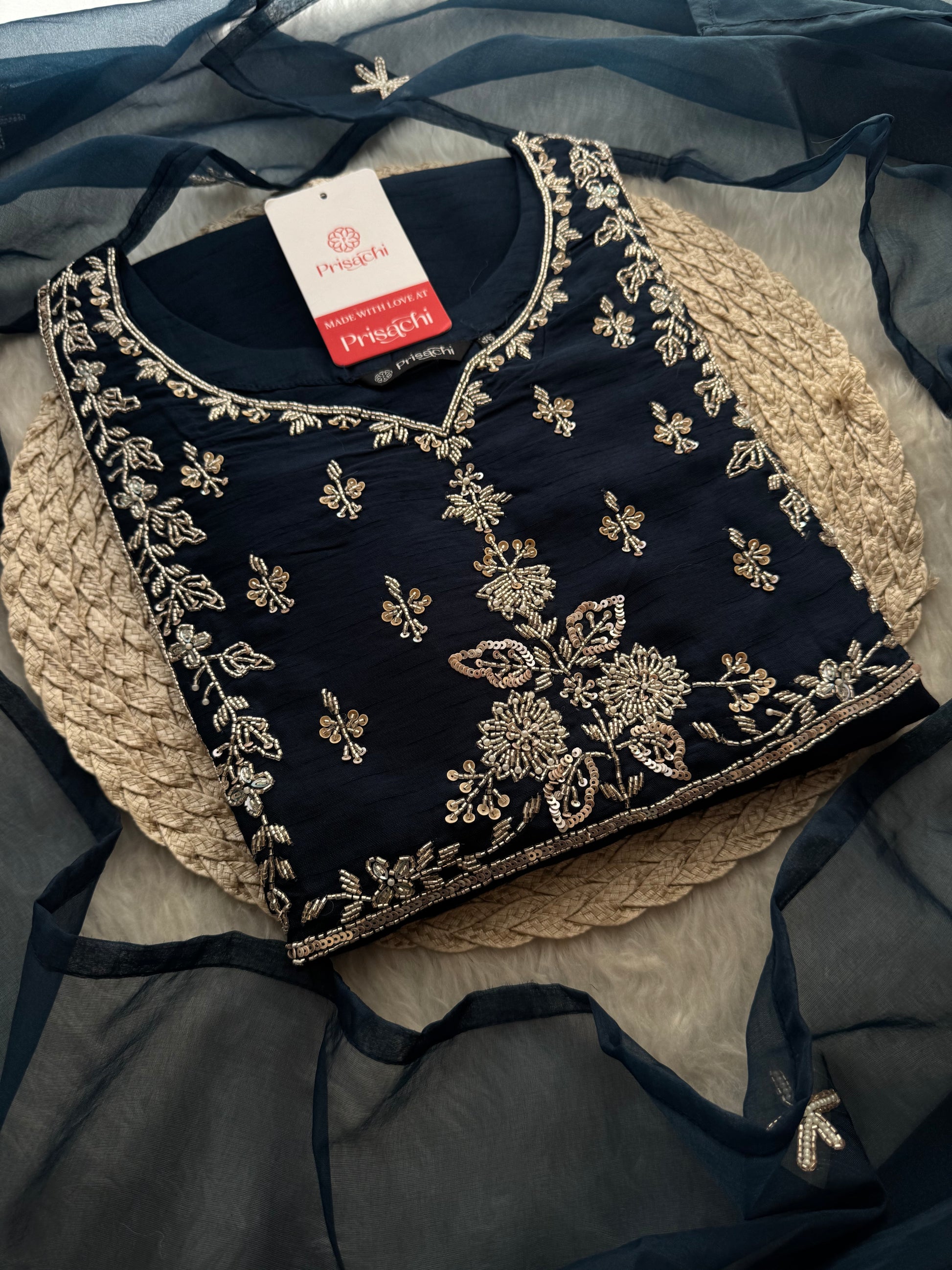 Navy Blue Embroidered Anarkali Suit Set with Palazzo Pants & Dupatta - Prisachi Official
