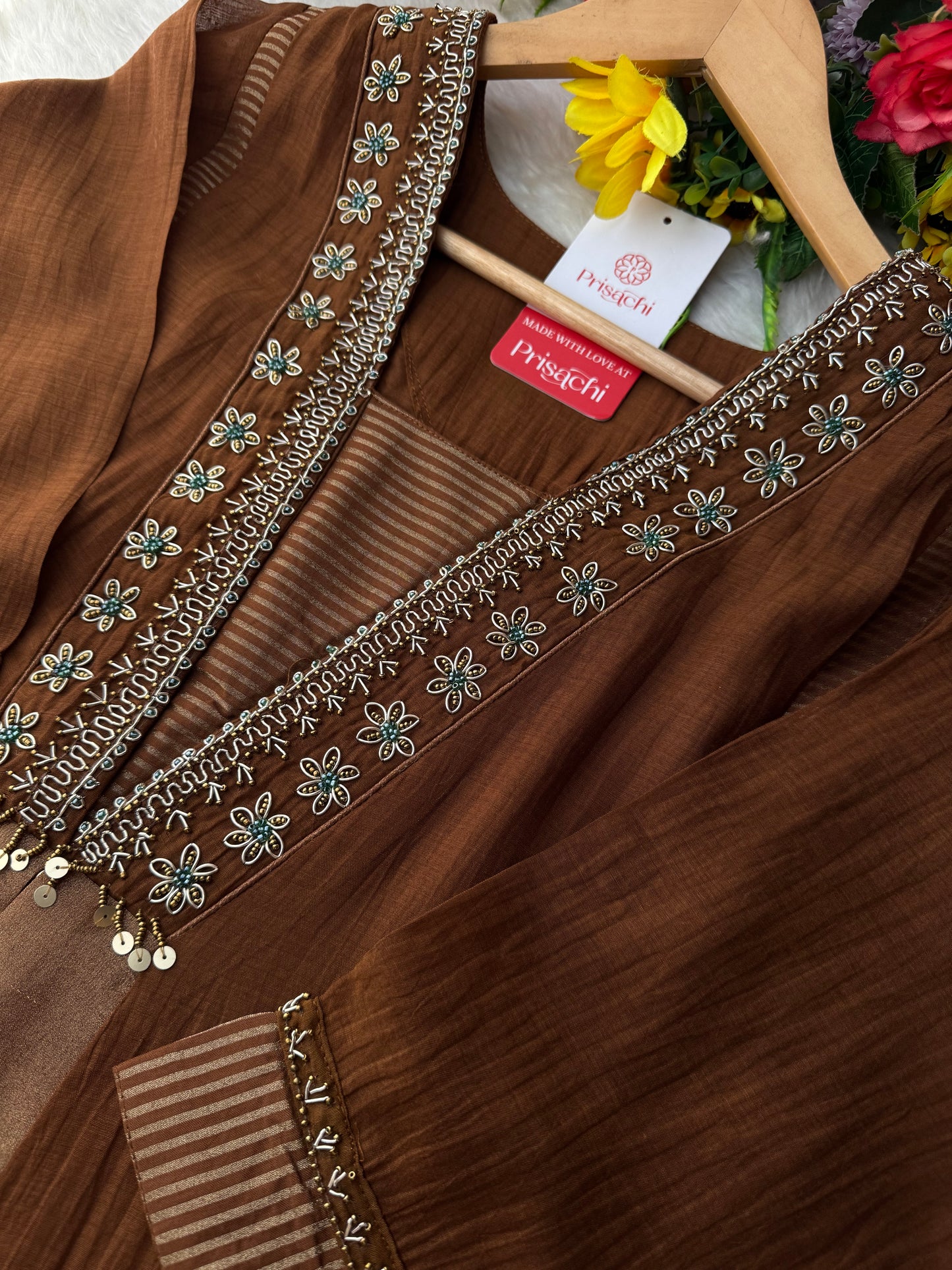 Brown Embroidered A-Line Kurta Set with Dupatta & Pants - Prisachi Official