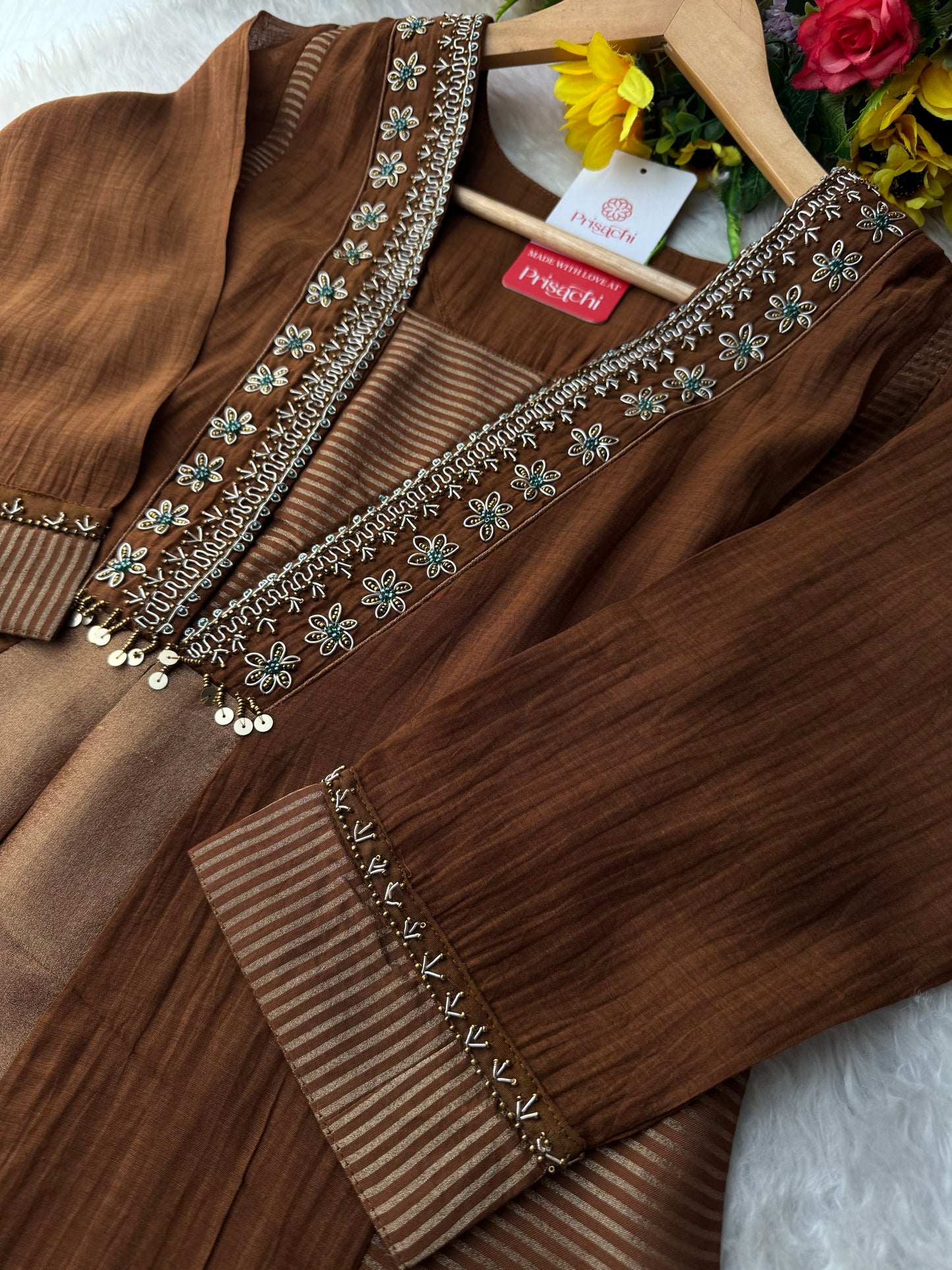 Brown Embroidered A-Line Kurta Set with Dupatta & Pants - Prisachi Official