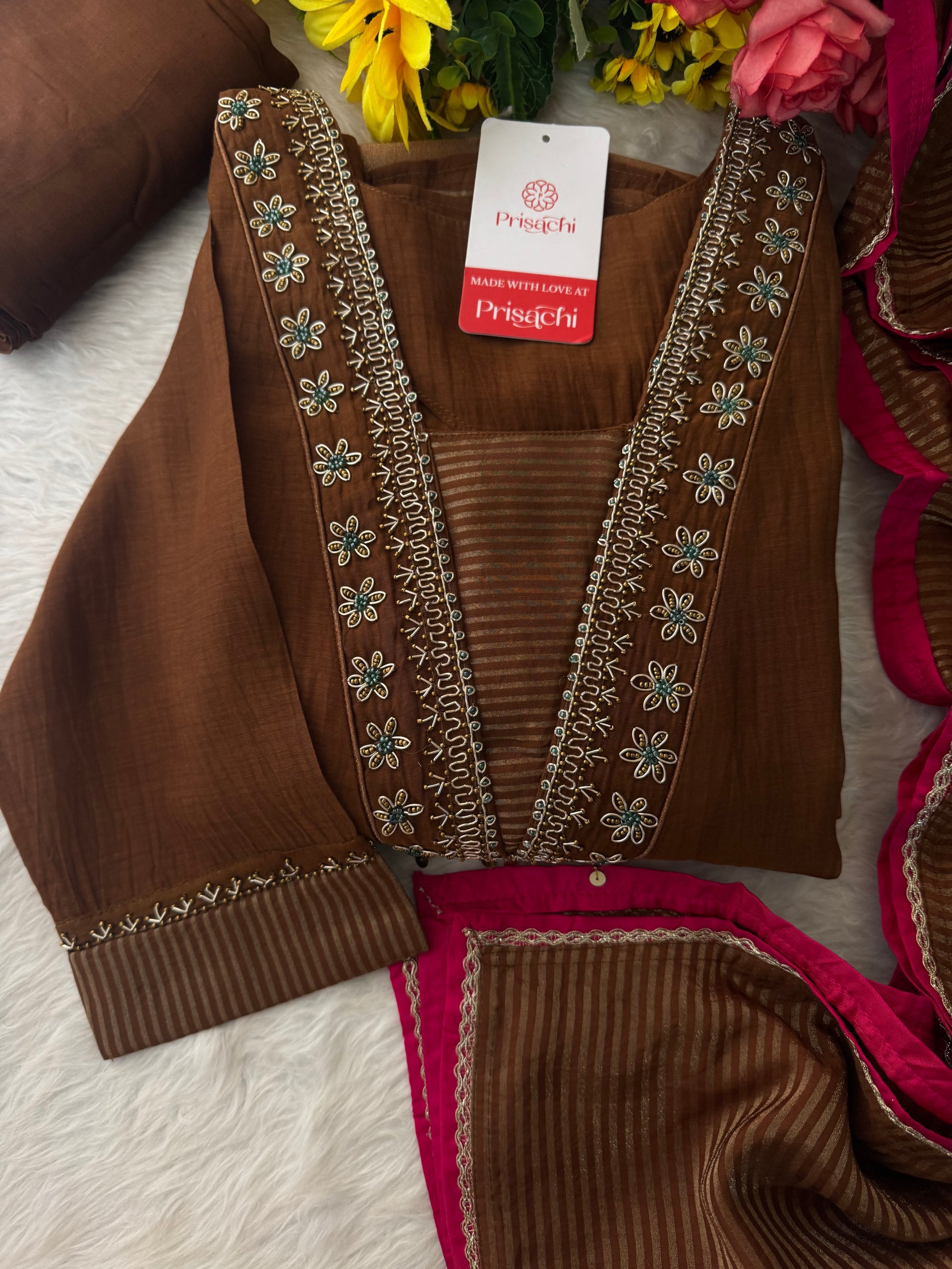 Brown Embroidered A-Line Kurta Set with Dupatta & Pants - Prisachi Official