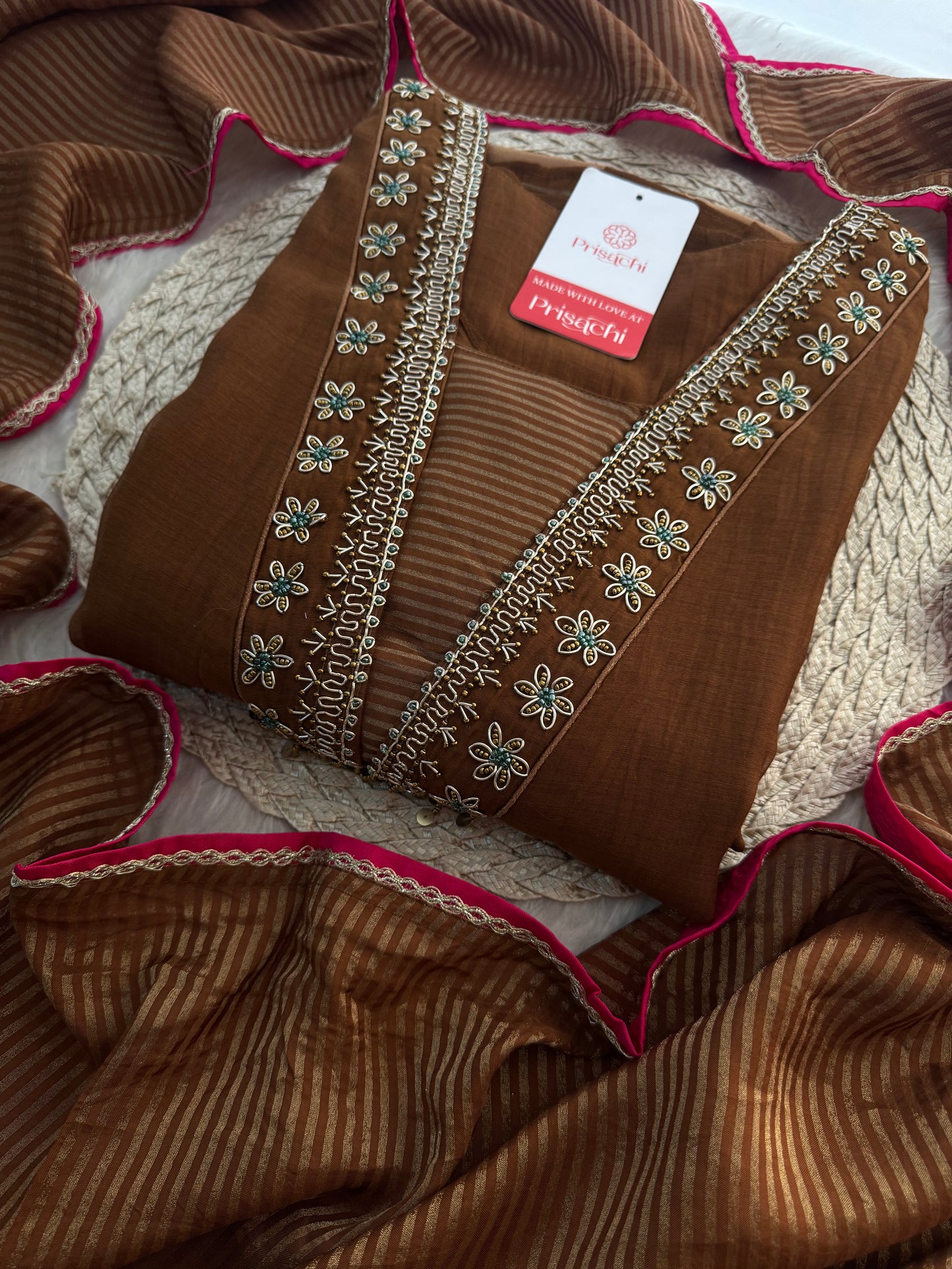 Brown Embroidered A-Line Kurta Set with Dupatta & Pants - Prisachi Official
