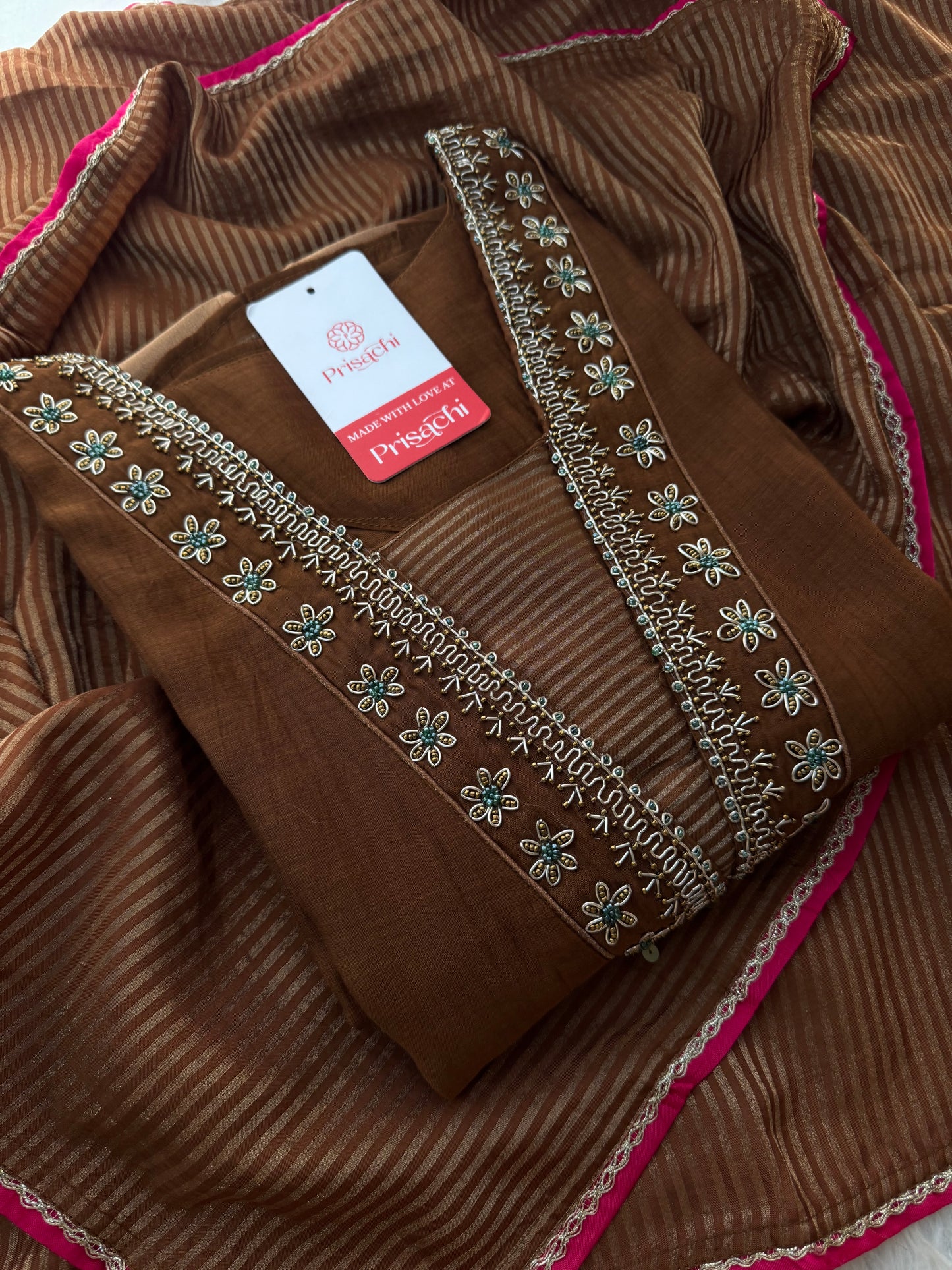 Brown Embroidered A-Line Kurta Set with Dupatta & Pants - Prisachi Official