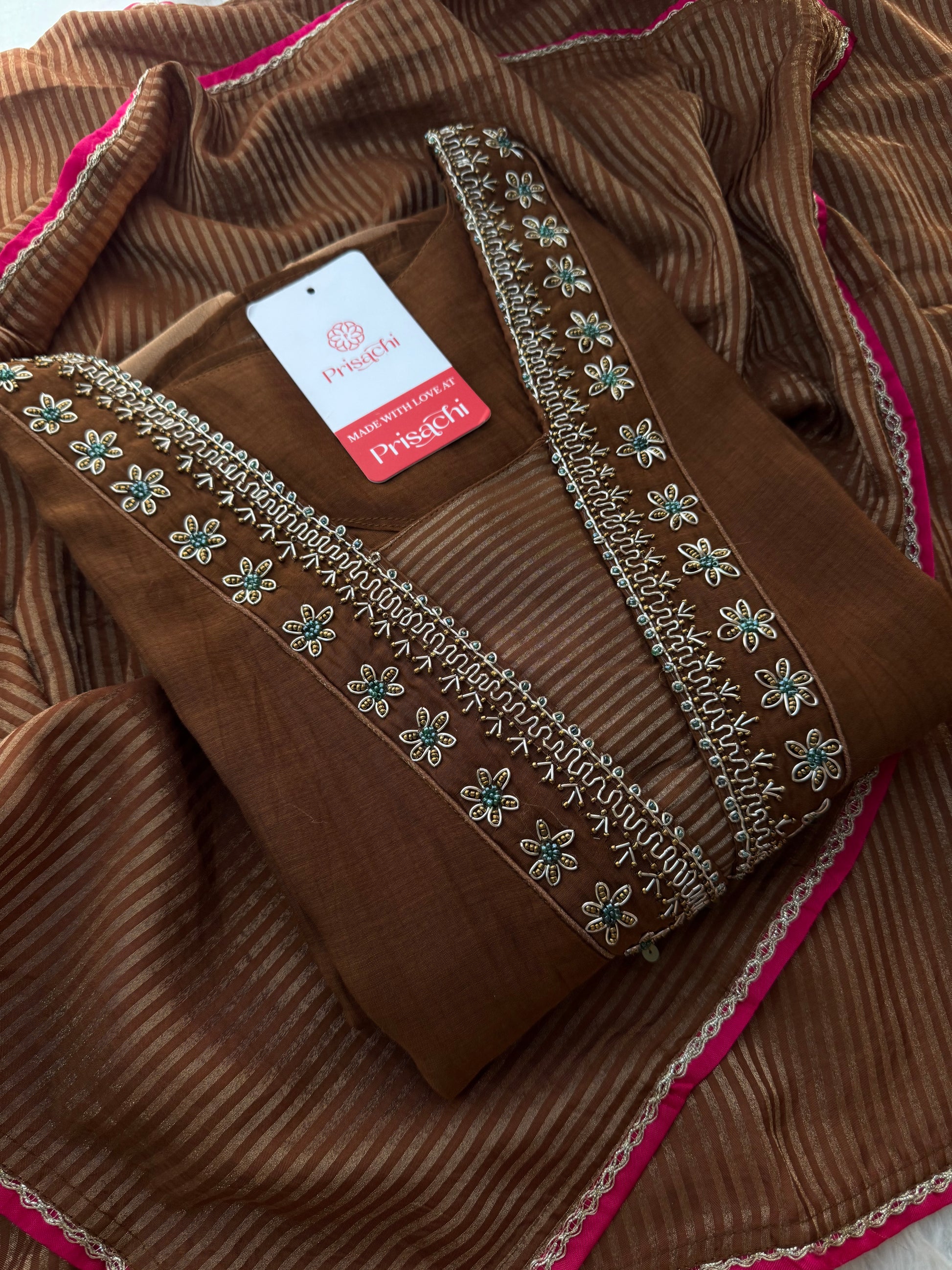 Brown Embroidered A-Line Kurta Set with Dupatta & Pants - Prisachi Official