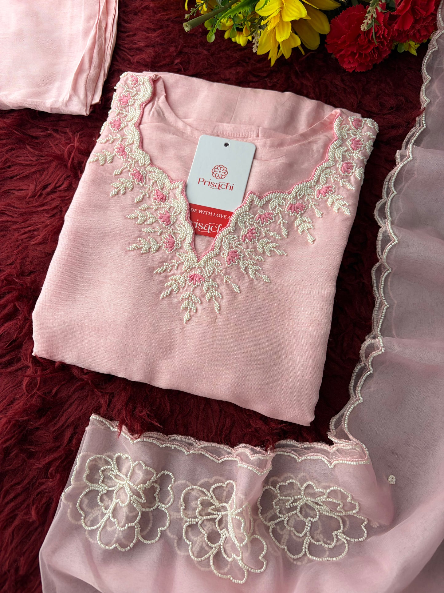 Baby Pink Embroidered Ethnic Kurta set with Pants and Dupatta For Women's | Festive Traditional Suit Set