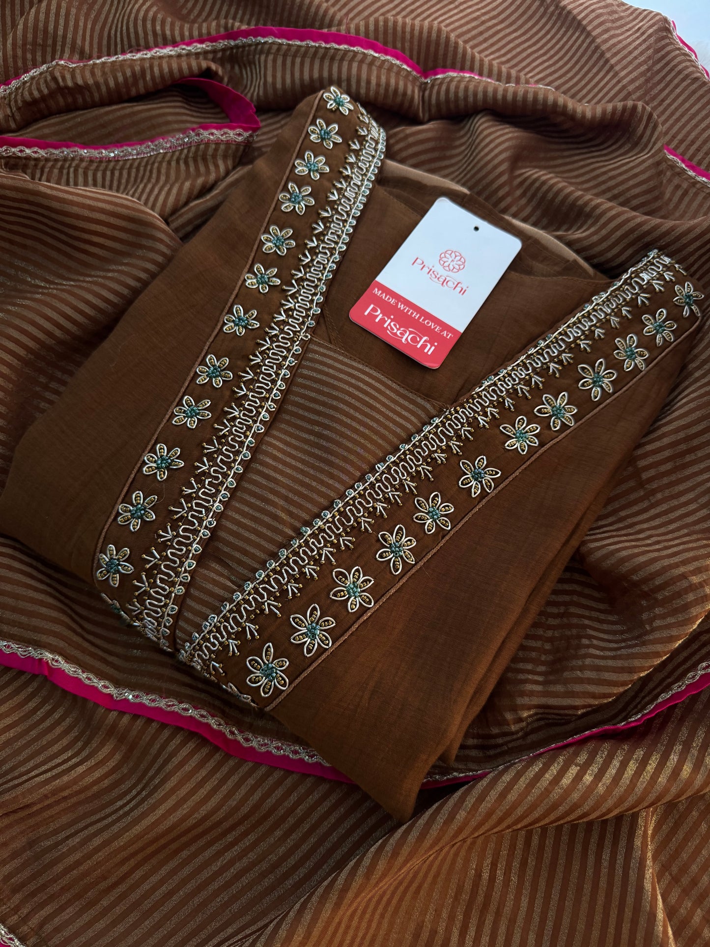 Brown Embroidered A-Line Kurta Set with Dupatta & Pants - Prisachi Official