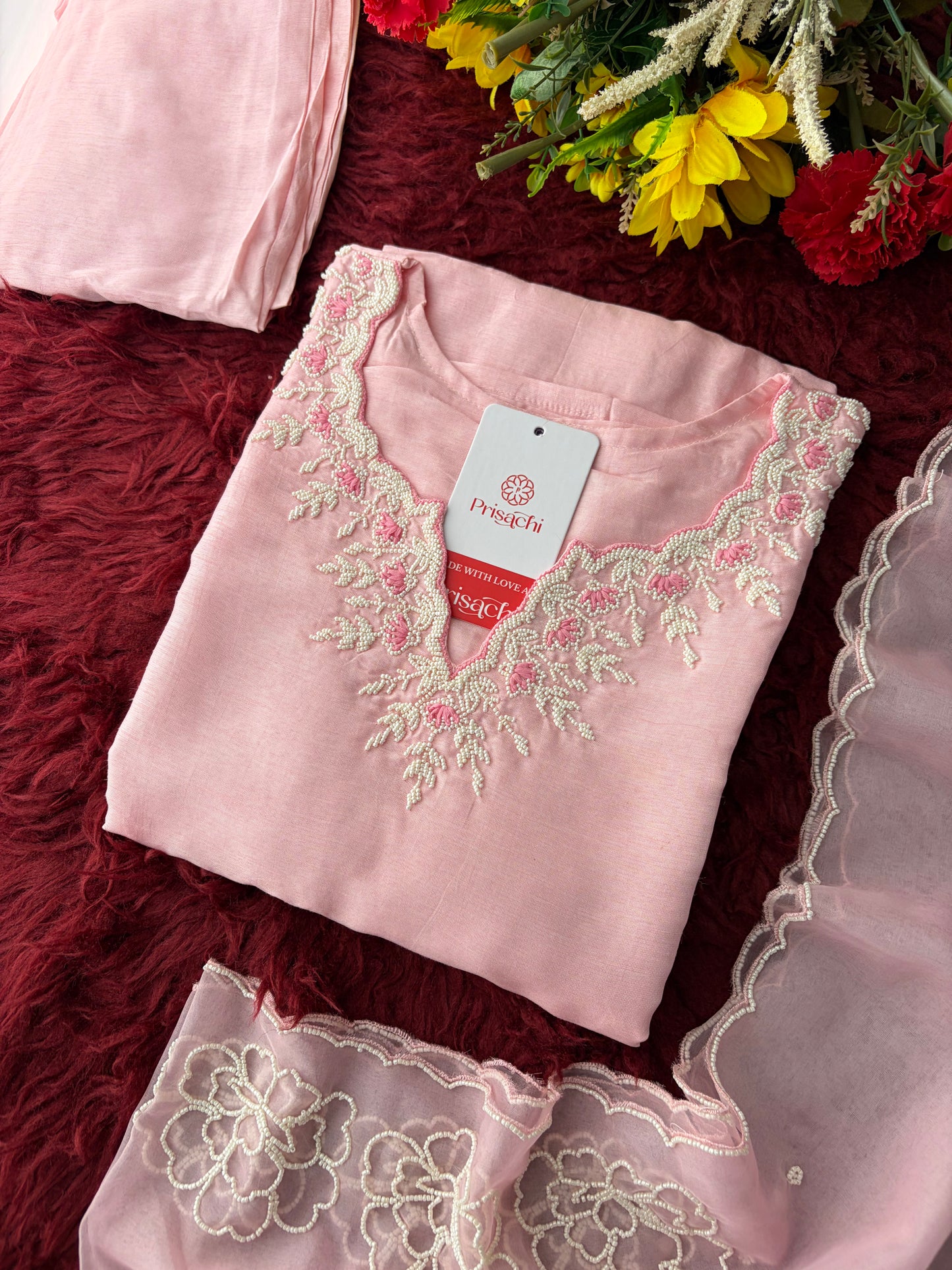 Baby Pink Embroidered Ethnic Kurta set with Pants and Dupatta For Women's | Festive Traditional Suit Set