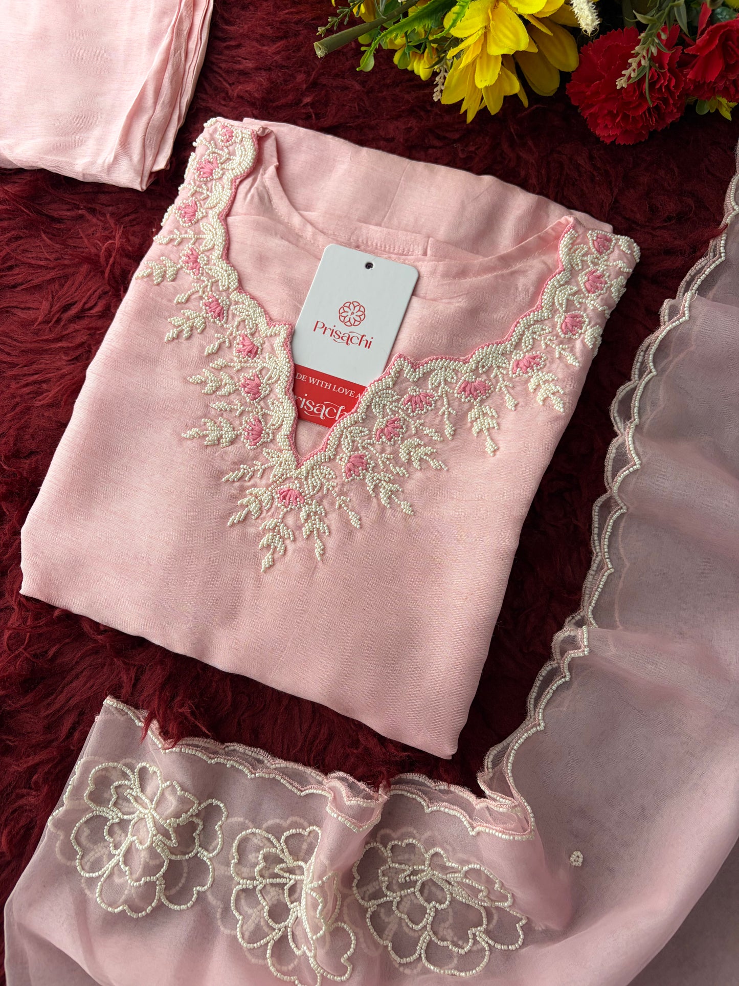Baby Pink Embroidered Ethnic Kurta set with Pants and Dupatta For Women's | Festive Traditional Suit Set