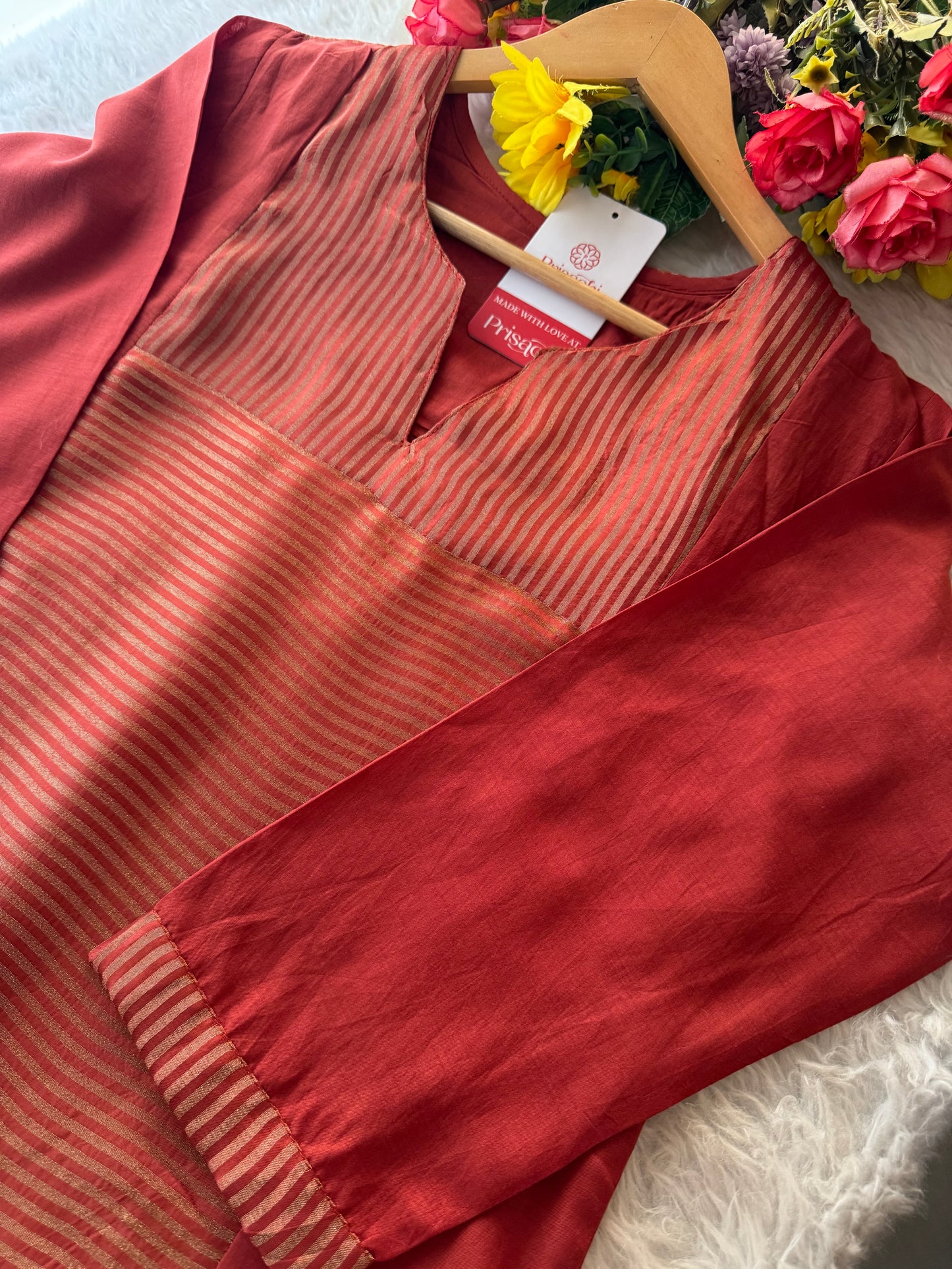 Rust Orange Ethnic Kurti Set for Women with Pants and Dupatta - Prisachi Official