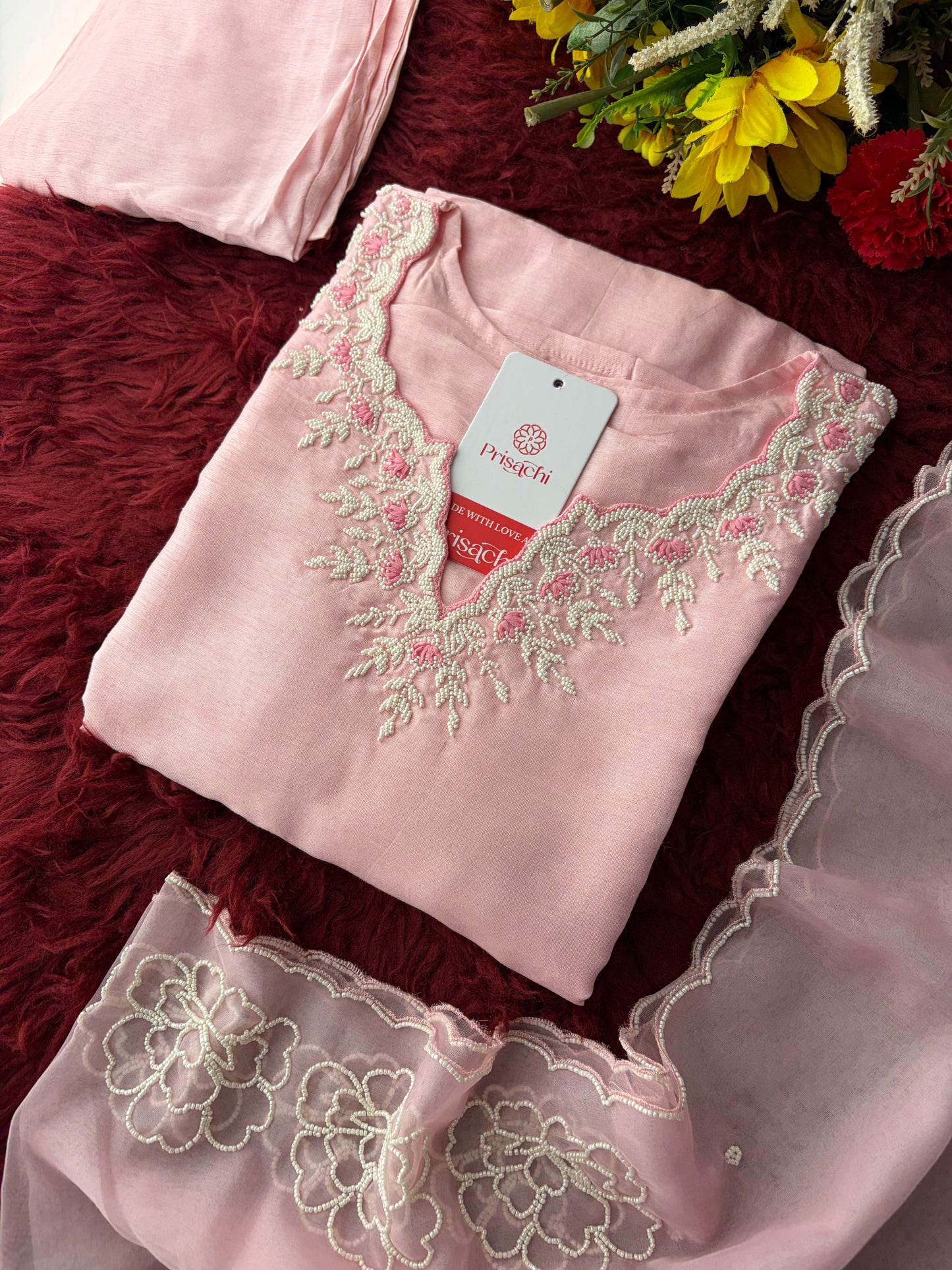 Baby Pink Embroidered Ethnic Kurta set with Pants and Dupatta For Women's | Festive Traditional Suit Set