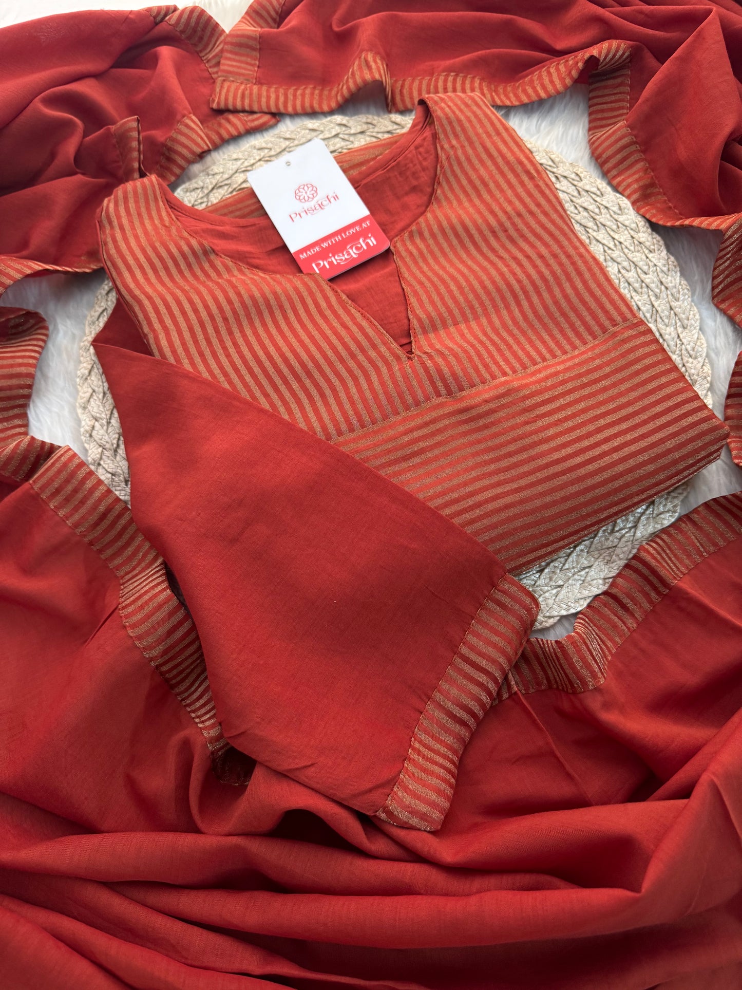 Rust Orange Ethnic Kurti Set for Women with Pants and Dupatta - Prisachi Official