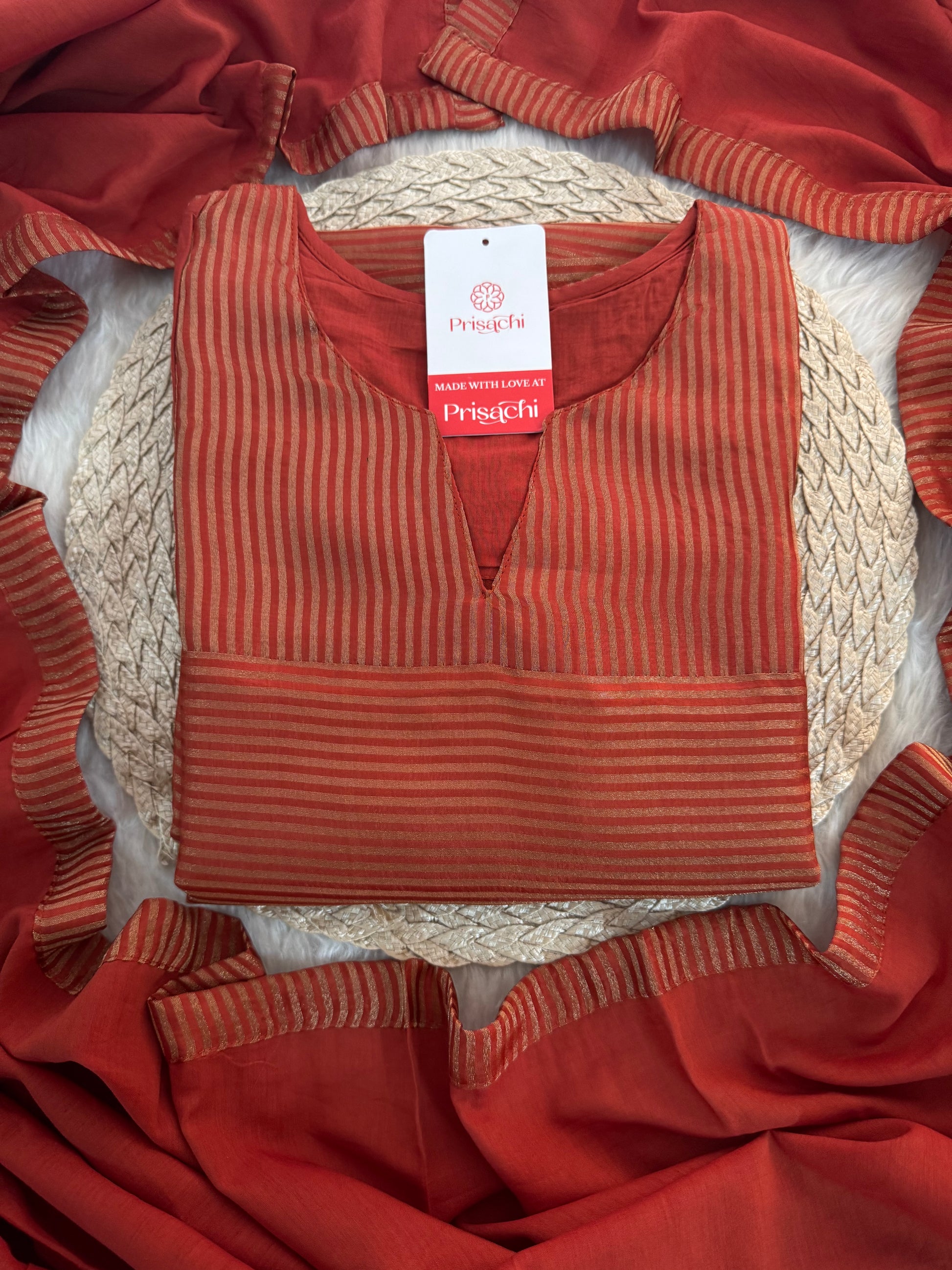 Rust Orange Ethnic Kurti Set for Women with Pants and Dupatta - Prisachi Official