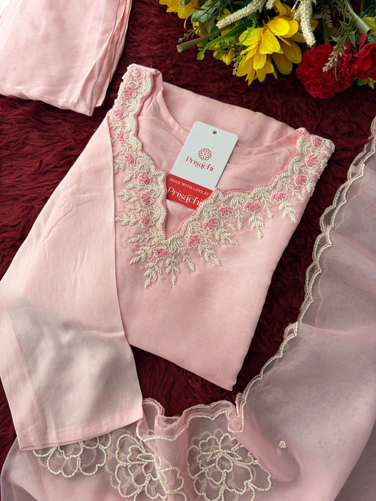 Baby Pink Embroidered Ethnic Kurta set with Pants and Dupatta For Women's | Festive Traditional Suit Set
