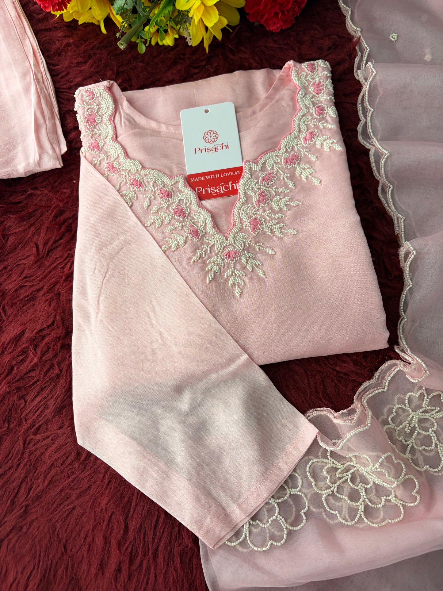 Baby Pink Embroidered Ethnic Kurta set with Pants and Dupatta For Women's | Festive Traditional Suit Set
