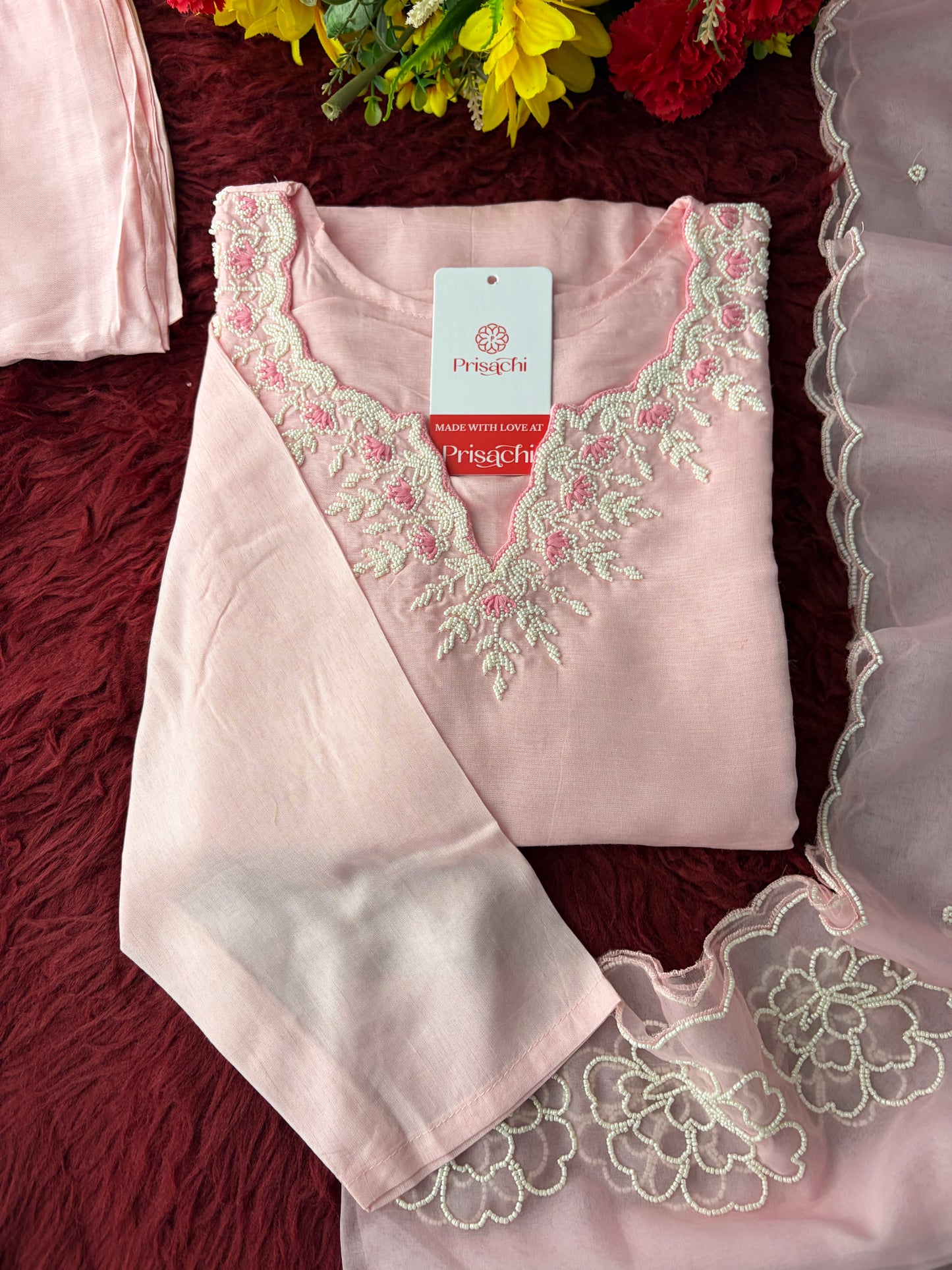 Baby Pink Embroidered Ethnic Kurta set with Pants and Dupatta For Women's | Festive Traditional Suit Set