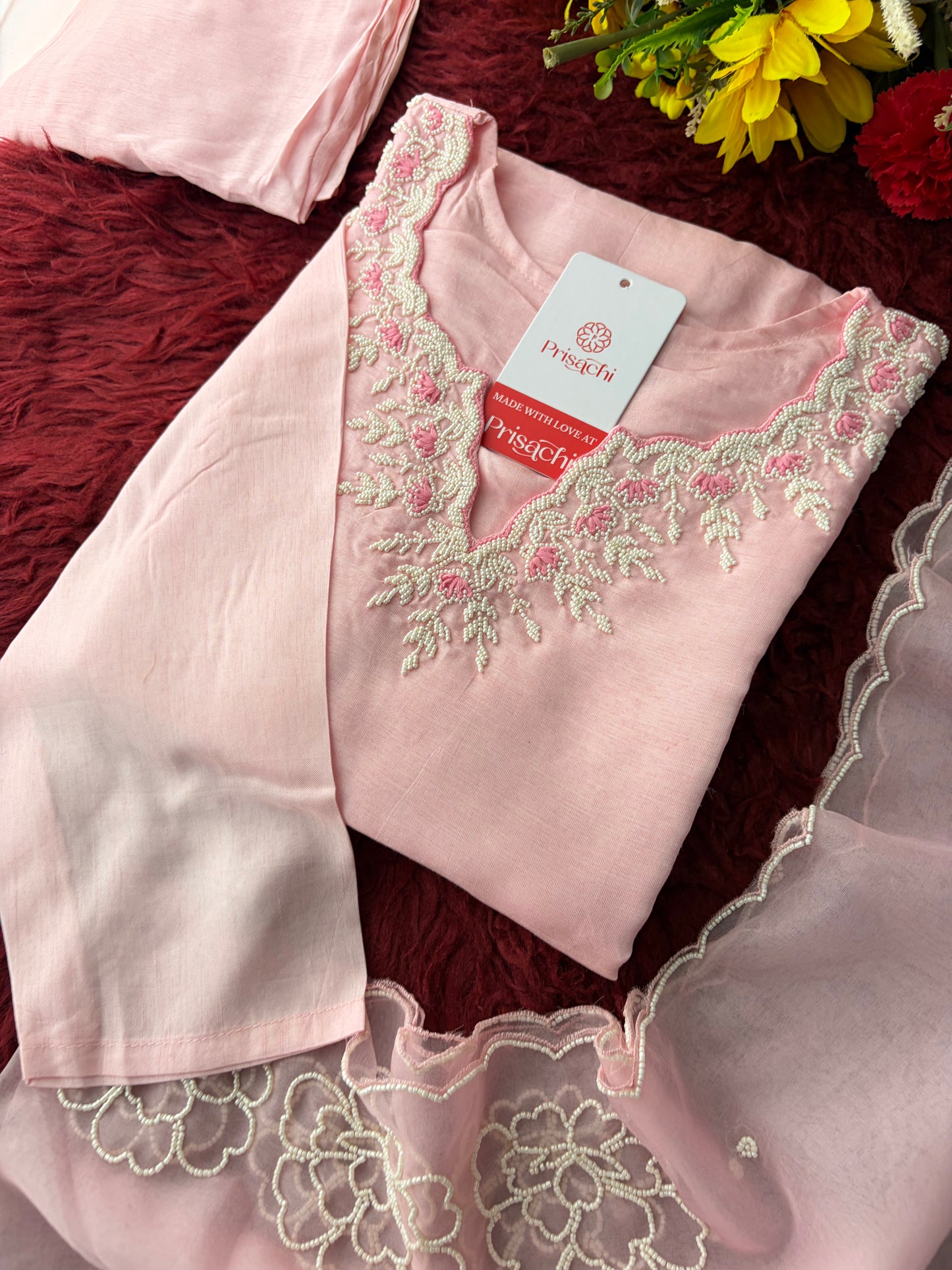 Baby Pink Embroidered Ethnic Kurta set with Pants and Dupatta For Women's | Festive Traditional Suit Set