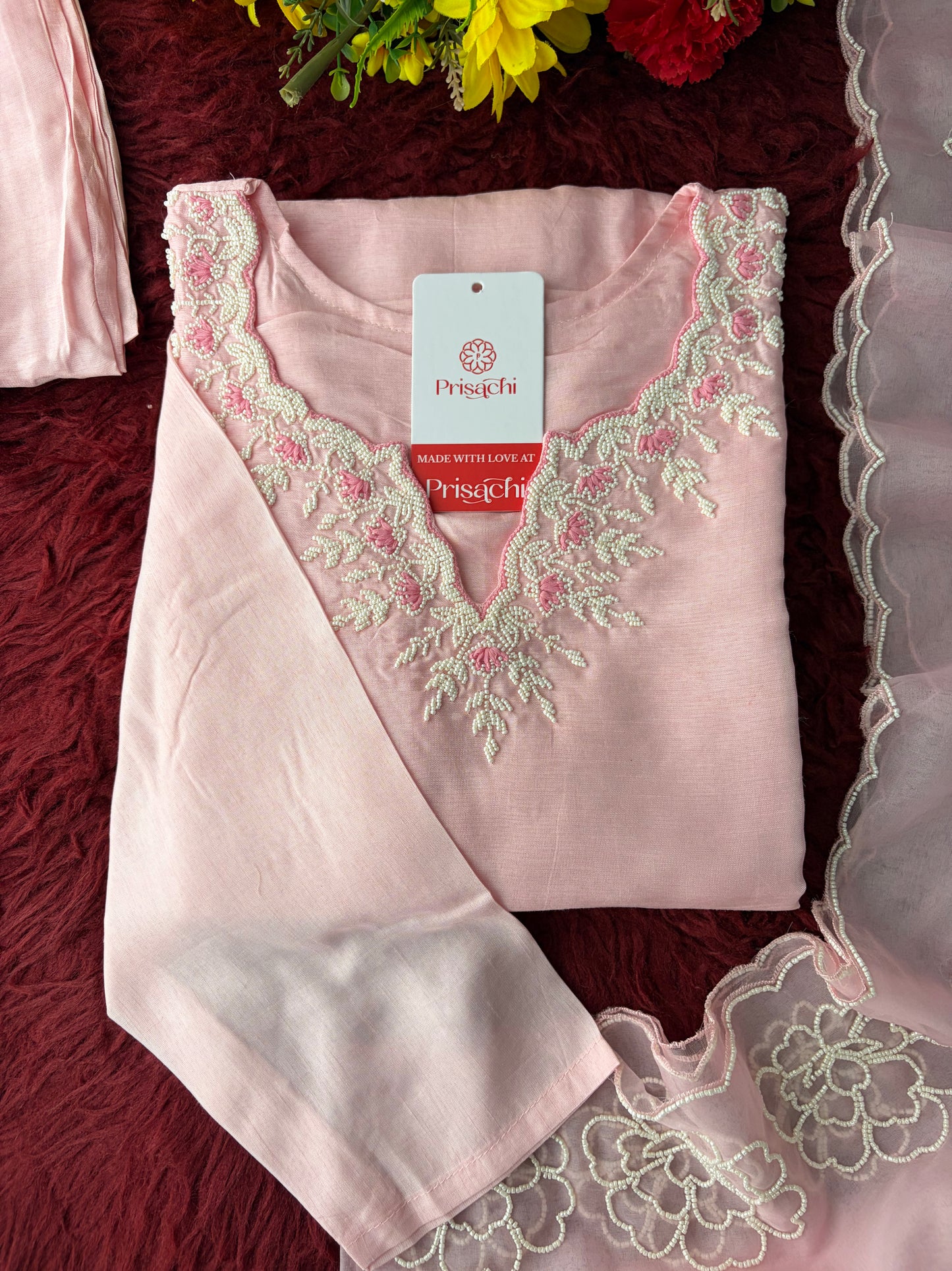 Baby Pink Embroidered Ethnic Kurta set with Pants and Dupatta For Women's | Festive Traditional Suit Set