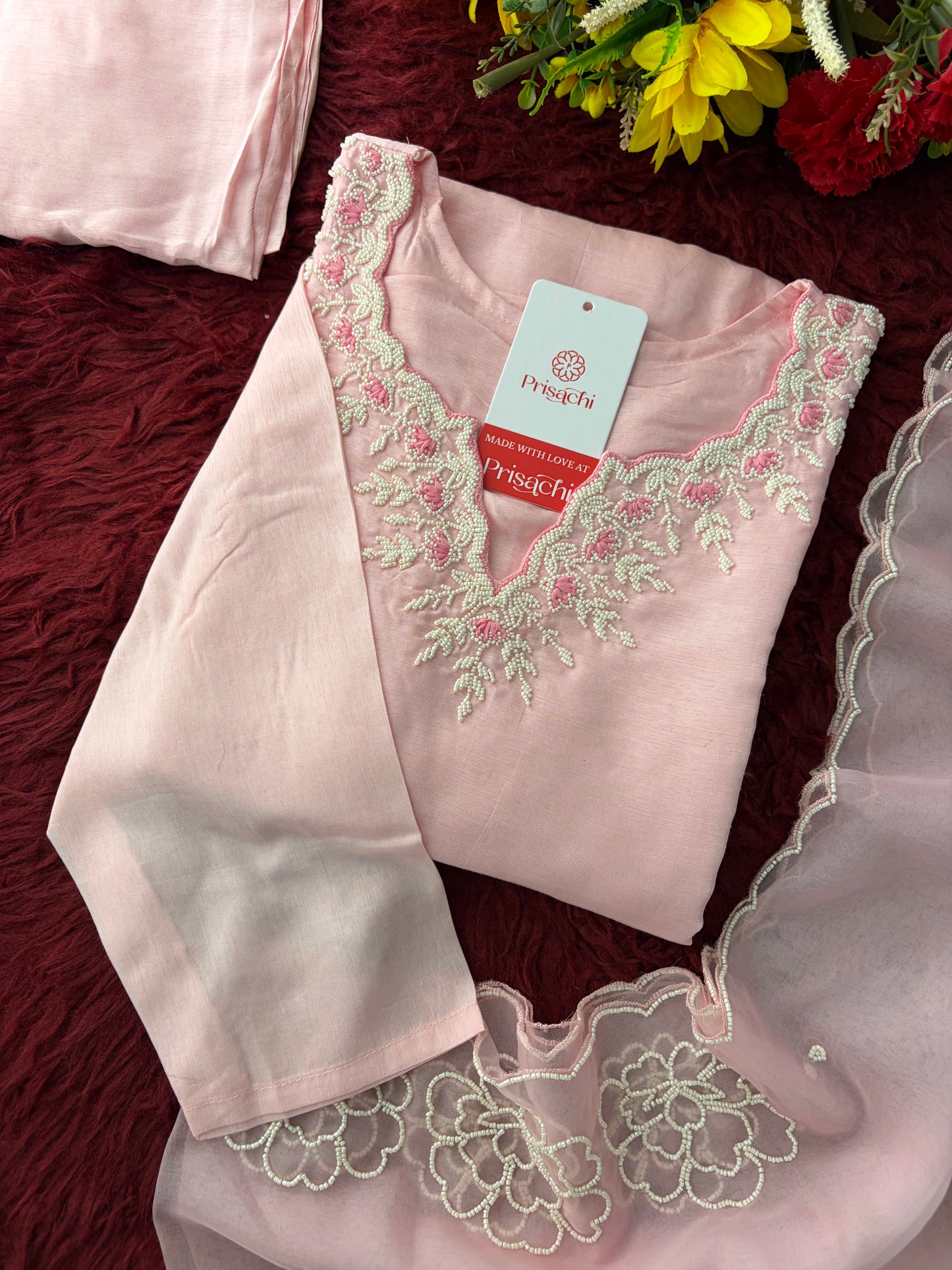 Baby Pink Embroidered Ethnic Kurta set with Pants and Dupatta For Women's | Festive Traditional Suit Set