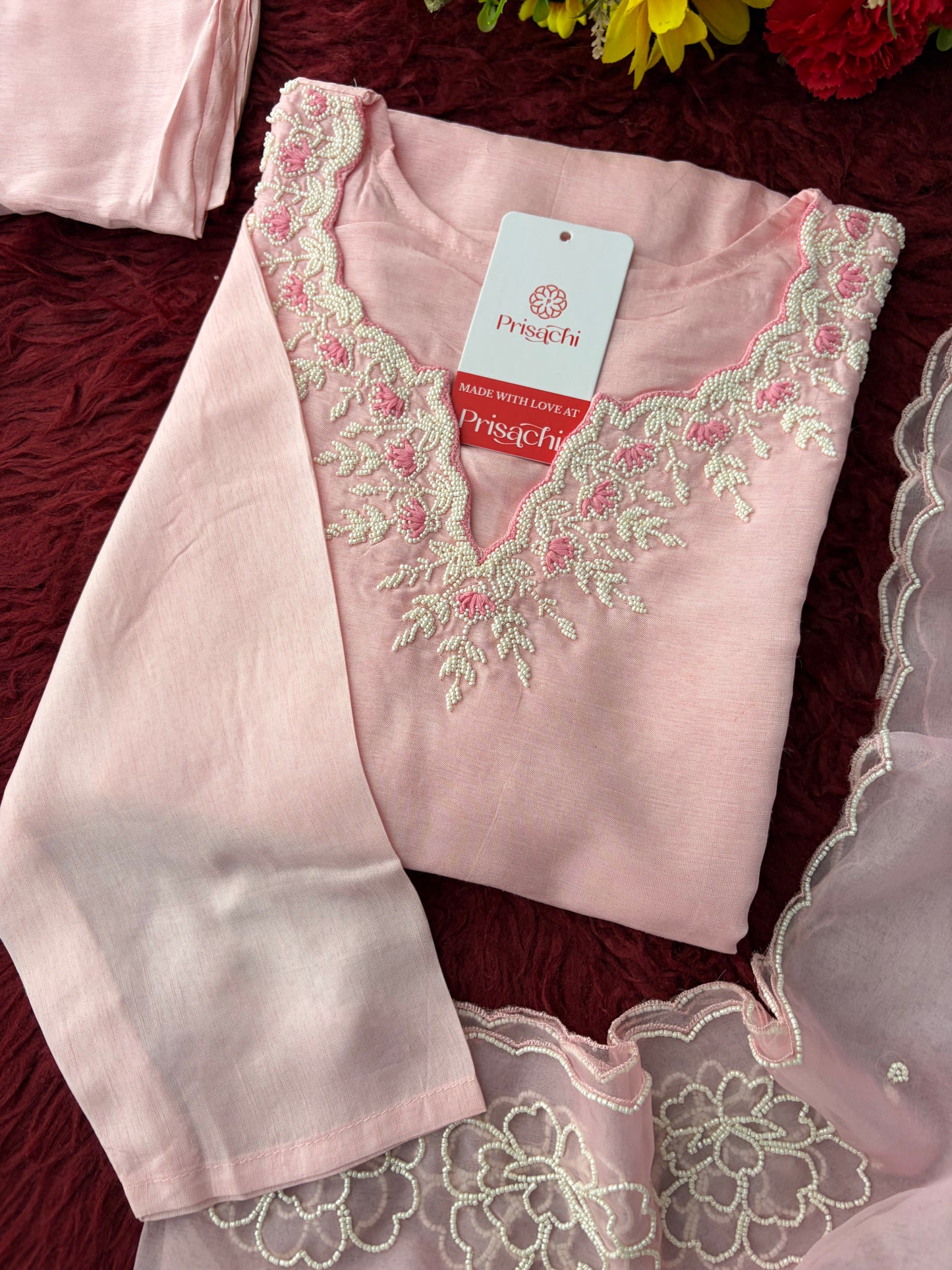 Baby Pink Embroidered Ethnic Kurta set with Pants and Dupatta For Women's | Festive Traditional Suit Set