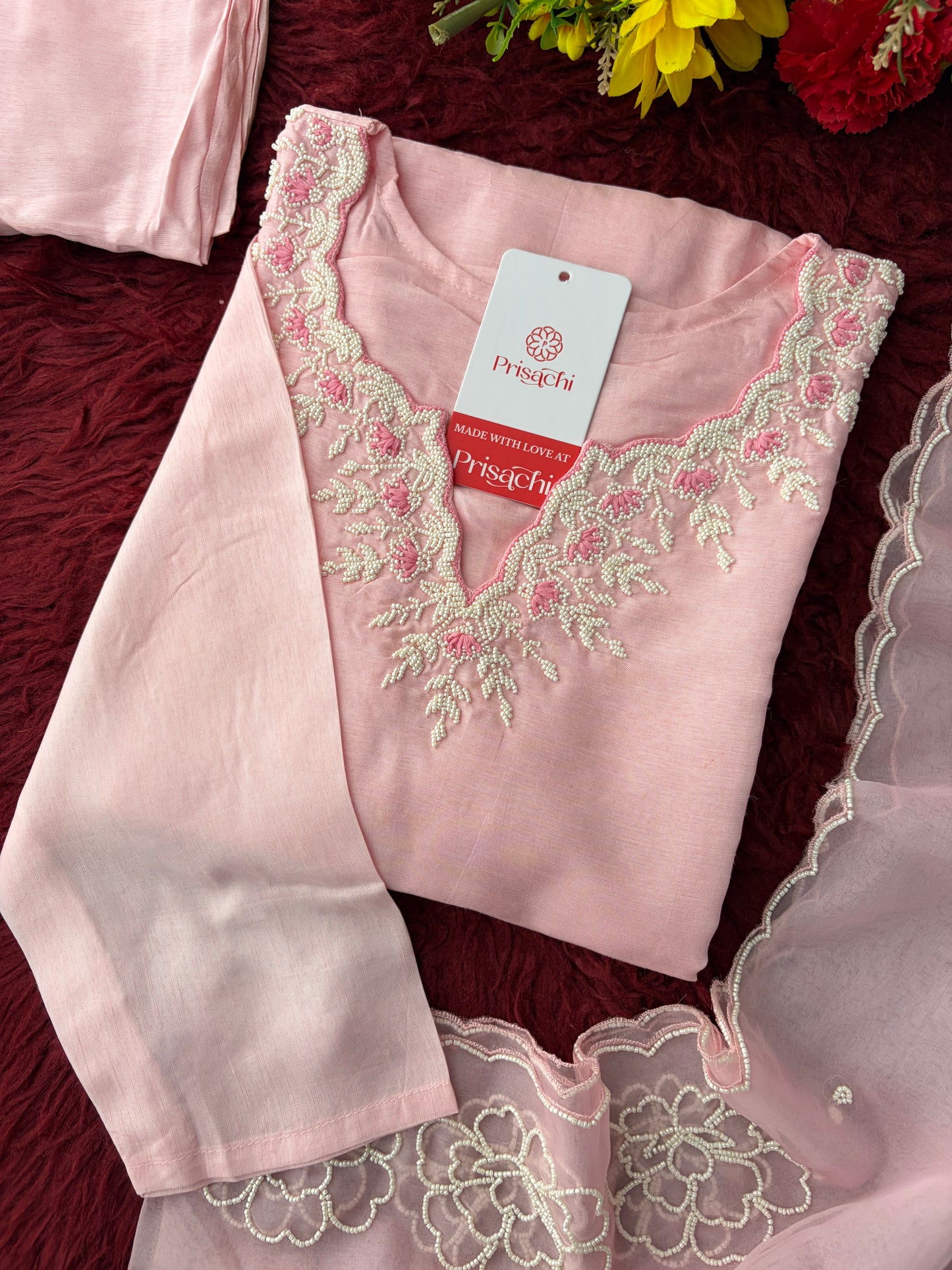 Baby Pink Embroidered Ethnic Kurta set with Pants and Dupatta For Women's | Festive Traditional Suit Set