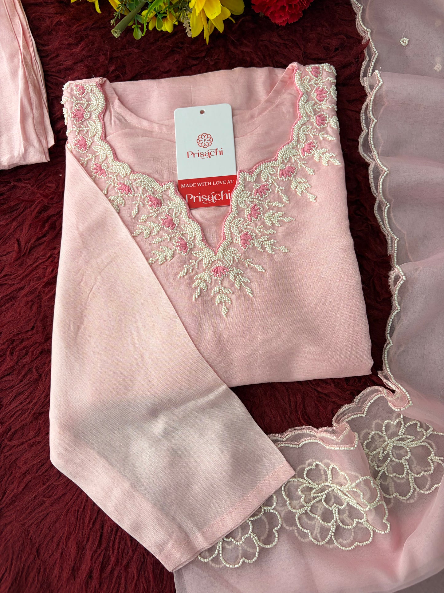 Baby Pink Embroidered Ethnic Kurta set with Pants and Dupatta For Women's | Festive Traditional Suit Set