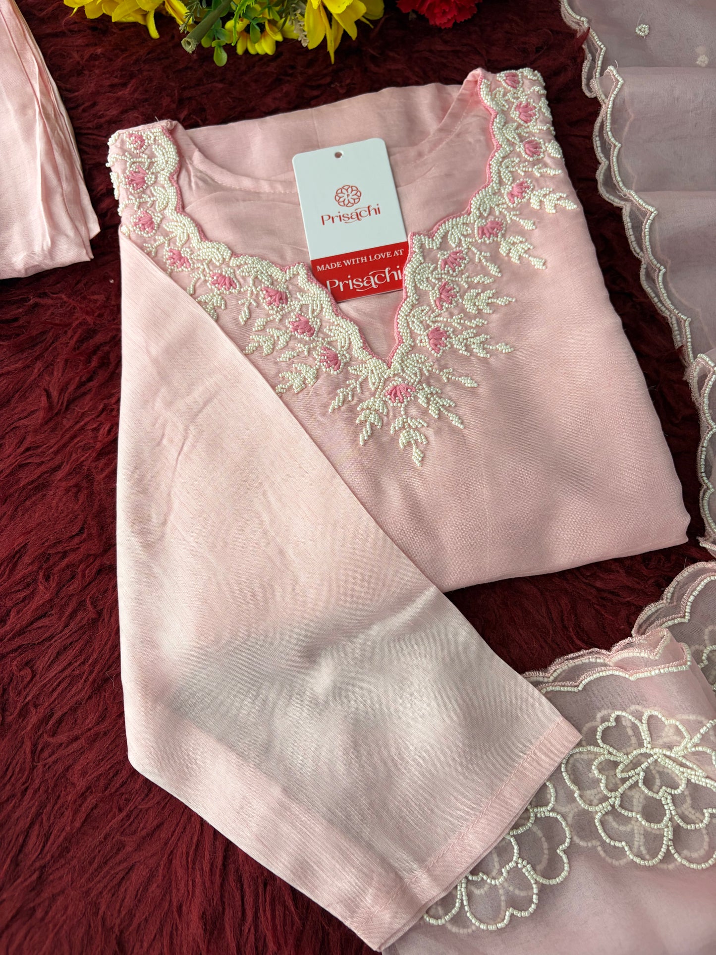 Baby Pink Embroidered Ethnic Kurta set with Pants and Dupatta For Women's | Festive Traditional Suit Set