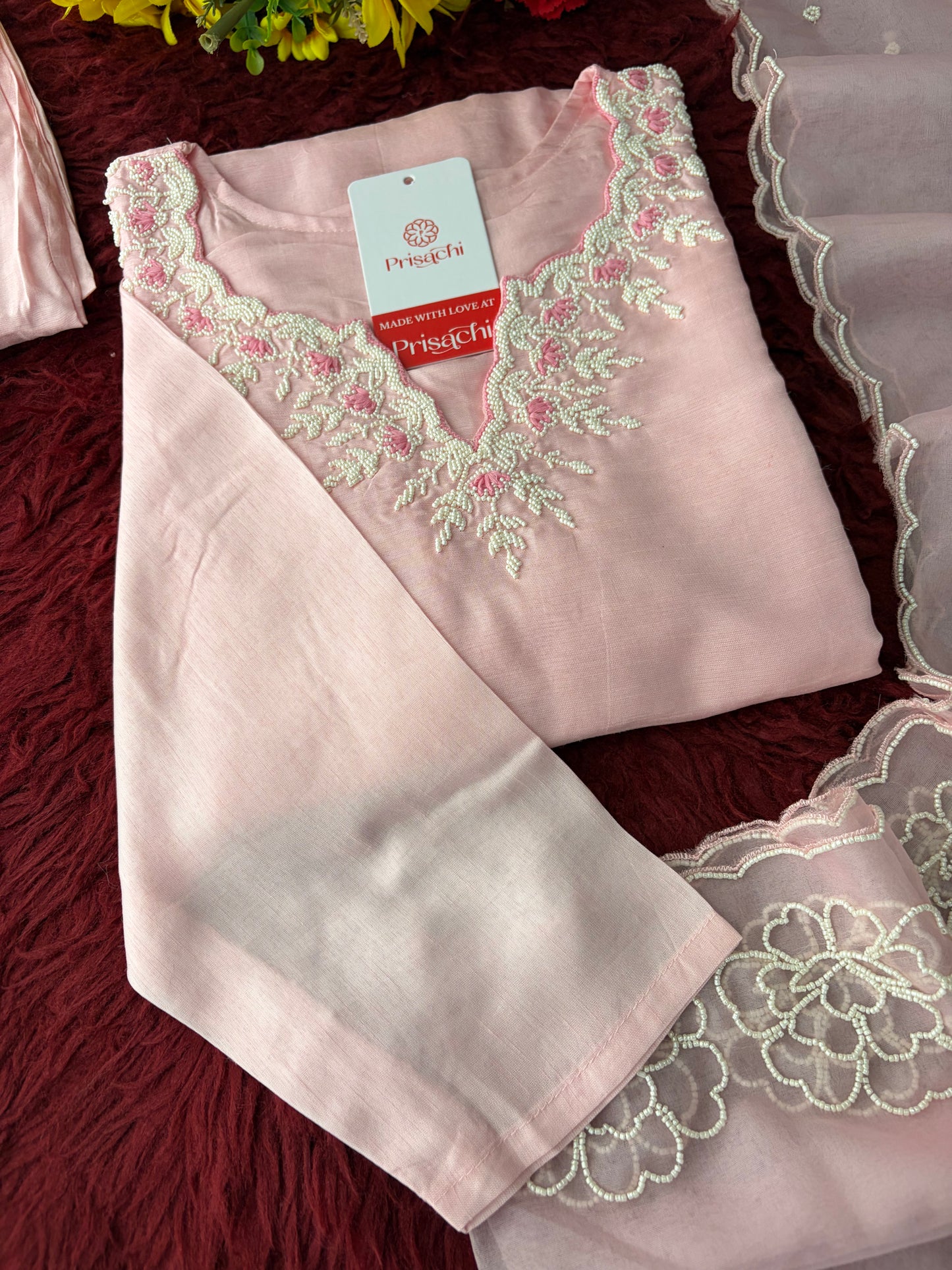 Baby Pink Embroidered Ethnic Kurta set with Pants and Dupatta For Women's | Festive Traditional Suit Set