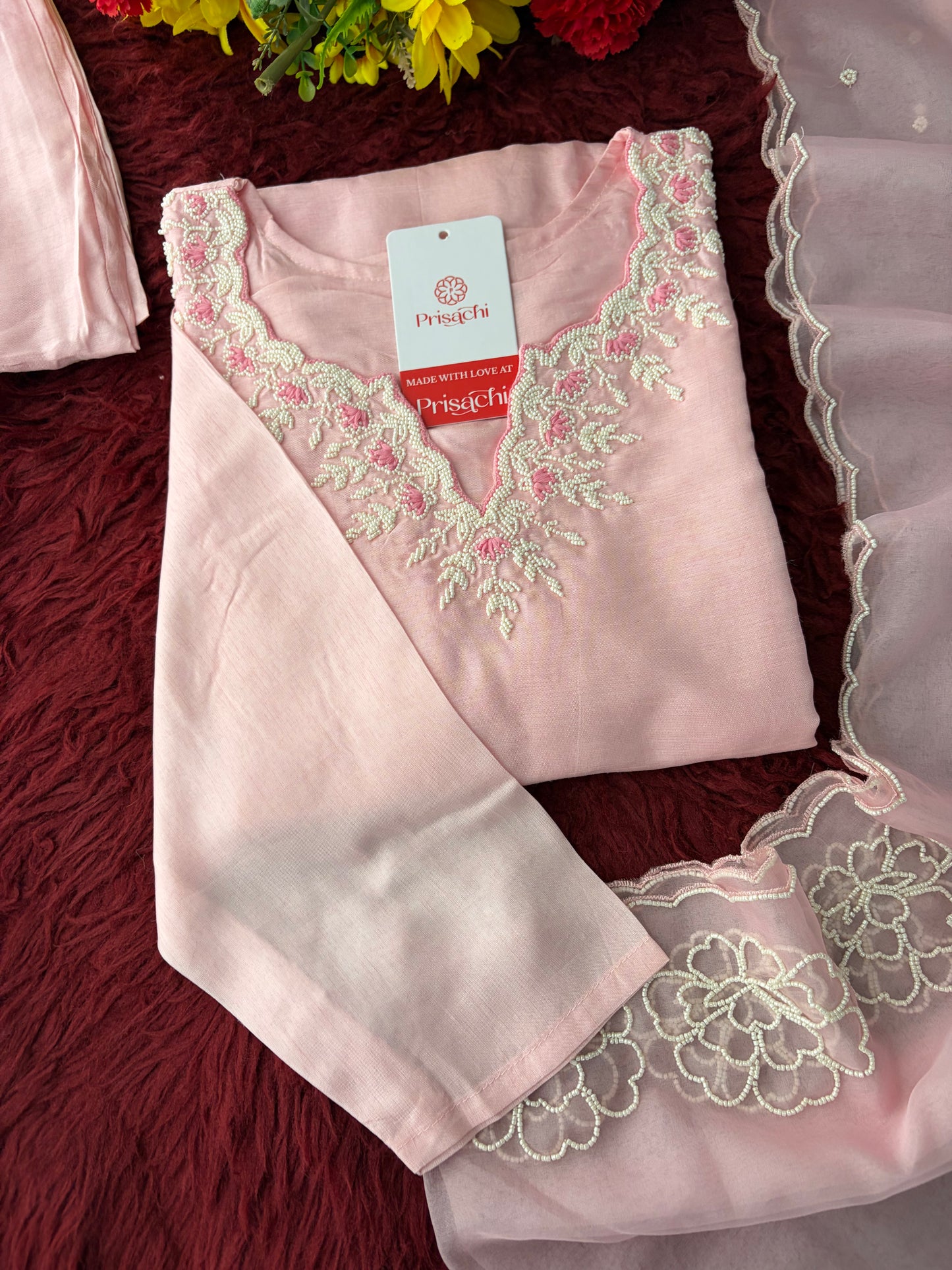 Baby Pink Embroidered Ethnic Kurta set with Pants and Dupatta For Women's | Festive Traditional Suit Set