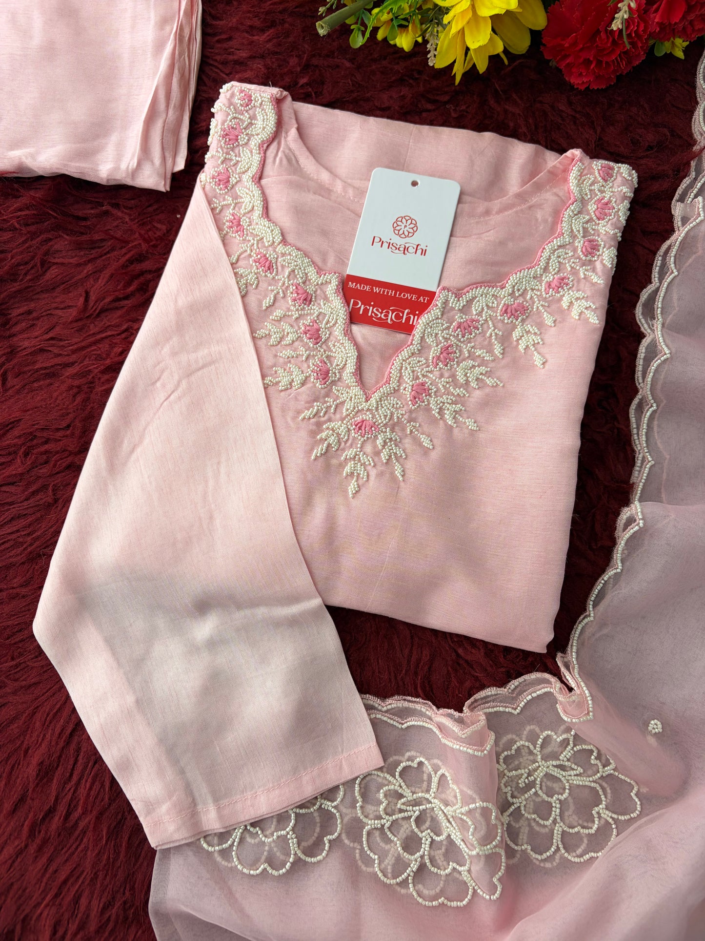 Baby Pink Embroidered Ethnic Kurta set with Pants and Dupatta For Women's | Festive Traditional Suit Set