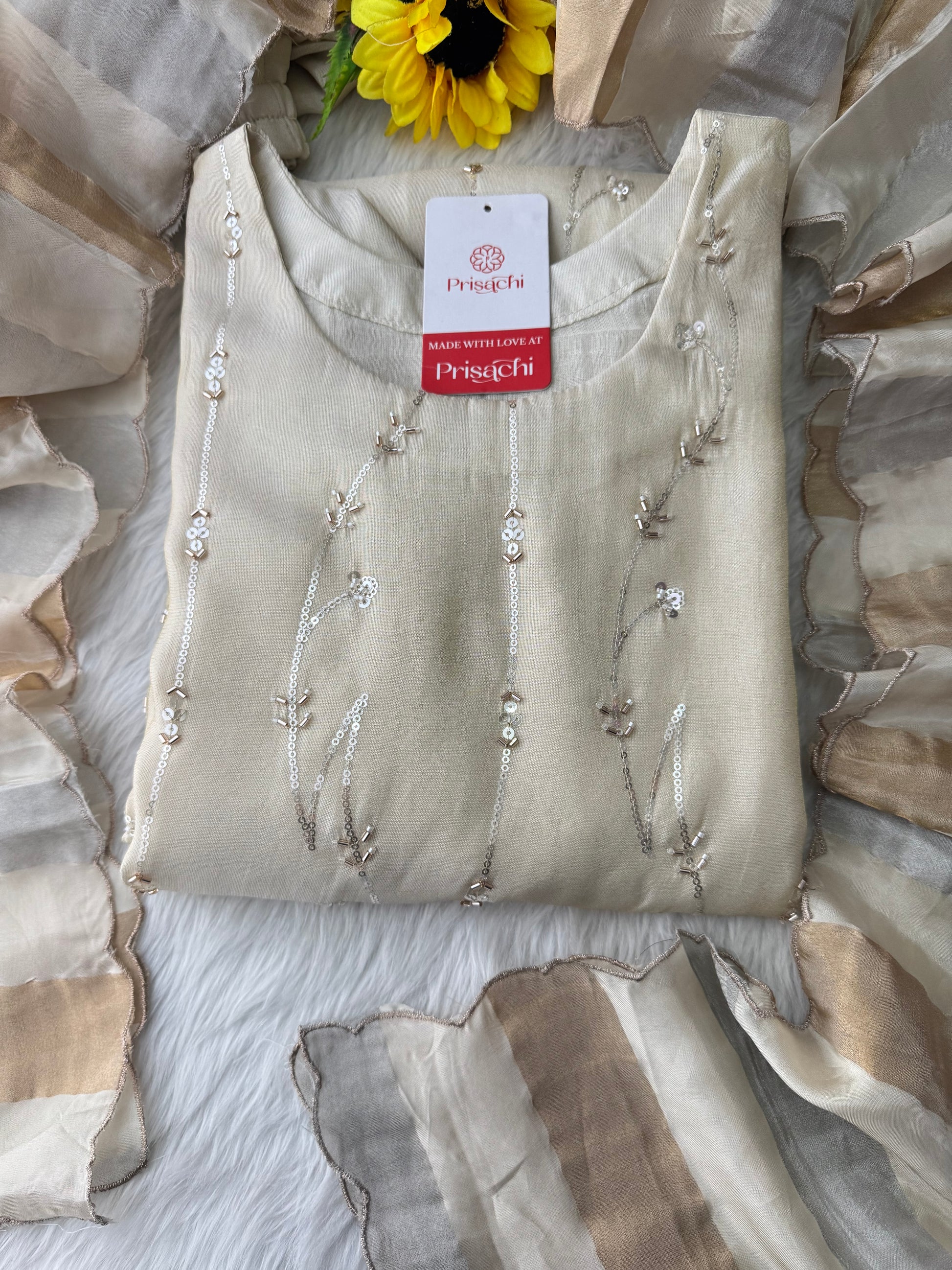 Prisachi Off-White Embroidered Kurta Set for Women with Pants & Dupatta - Prisachi Official
